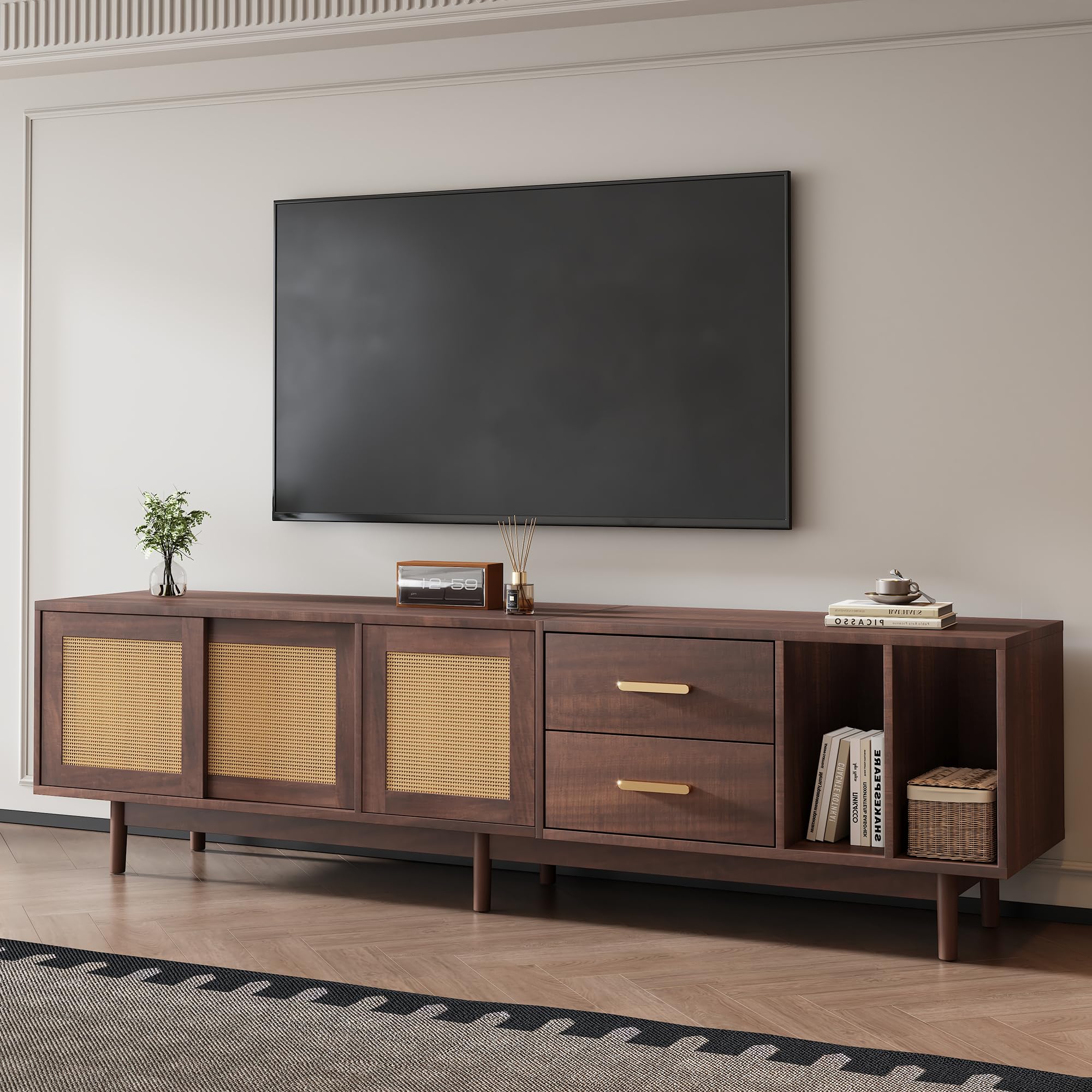 Coolfish TV Stand Cabient w/Drawers, Sliding Doors w/Rattan Design, TV Cabinet Sideboard, TV Entertainment Center for Living Room Bedroom TV Console max for 80 inch TV 190 x 40 x 52 cm Dark Wood