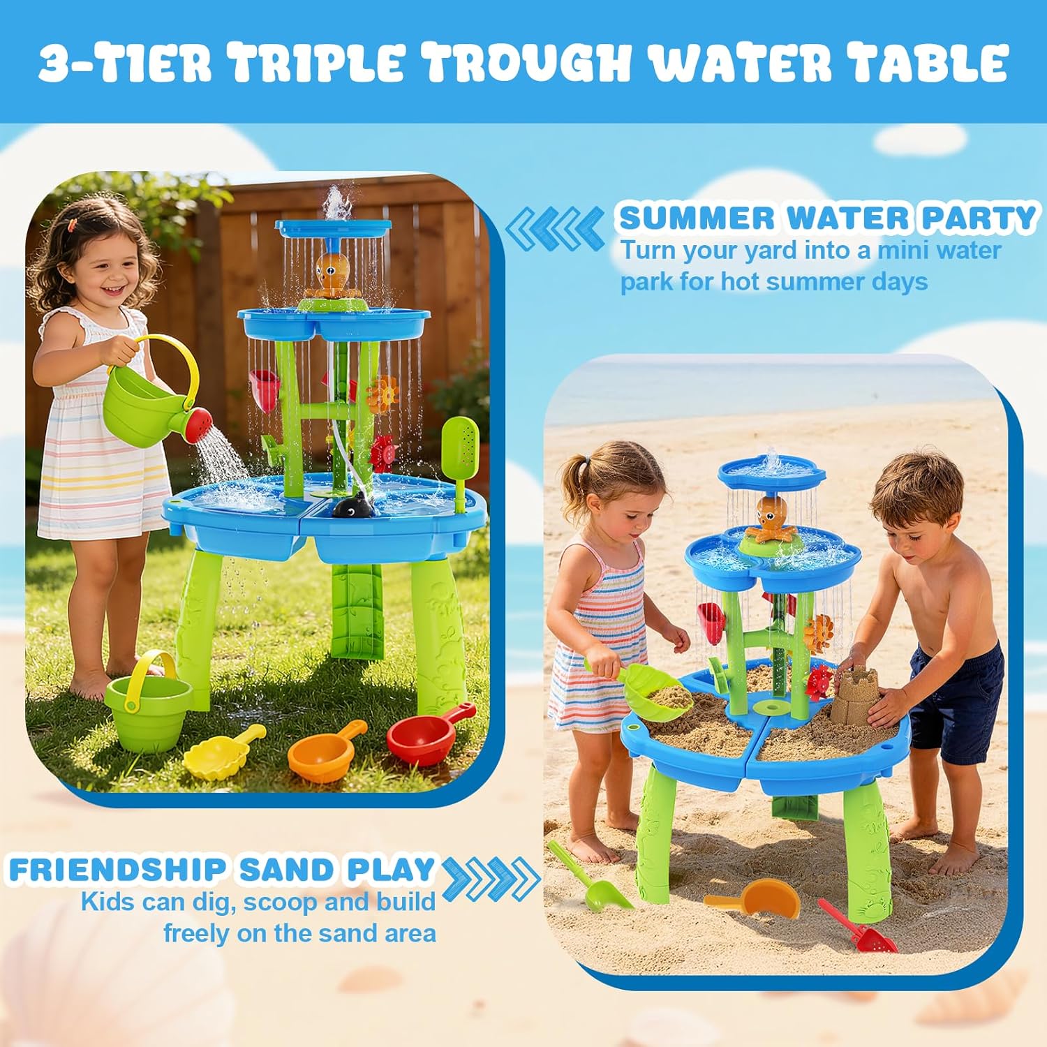 2026 Upgraded Water Table for Toddlers, 3-Tier Water Sand Play Table with Water Pump & Water Toy Accessories, Summer Outdoor Activity Sensory Playset, Outside Water Play Toy for Boys Girls Age 3-5 4-6