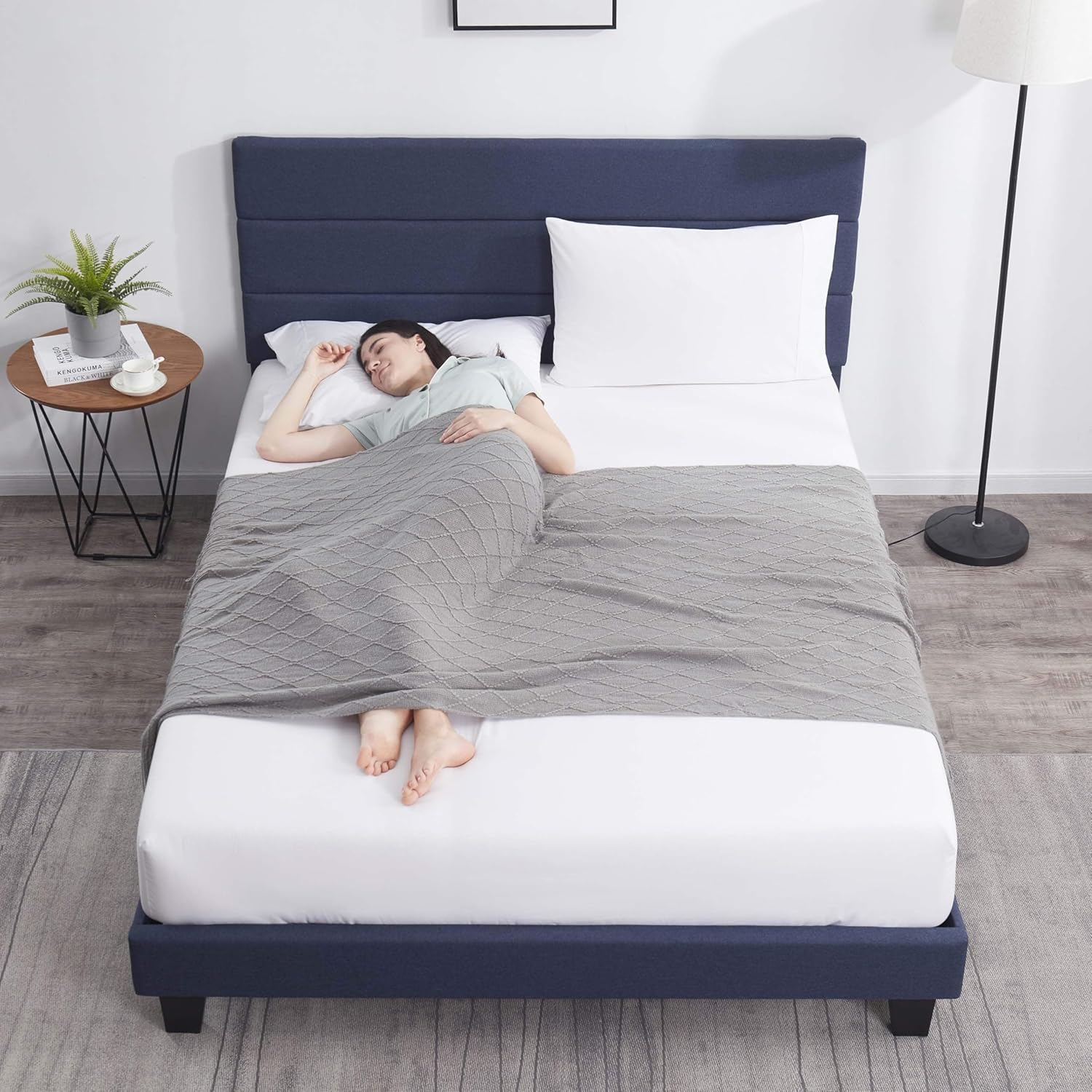 Hearth & Harbor King Bed Frame and Headboard – Linen Horizontal Channel Upholstered King Size Bed Frame, Platform Bed Frame King, Modern Bedframe with Wooden Slats, No Box Spring Needed, Navy