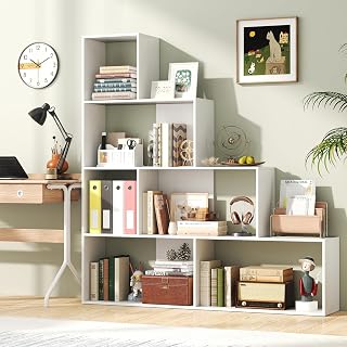 4 Tier Bookshelf, Step Bookcase with 6 Separate Storage Cubes, Wood Bookshelves and Bookcases, Geometric Display Shelf, Modern Book Shelf for Bedroom, Living Room, Home Office (White)