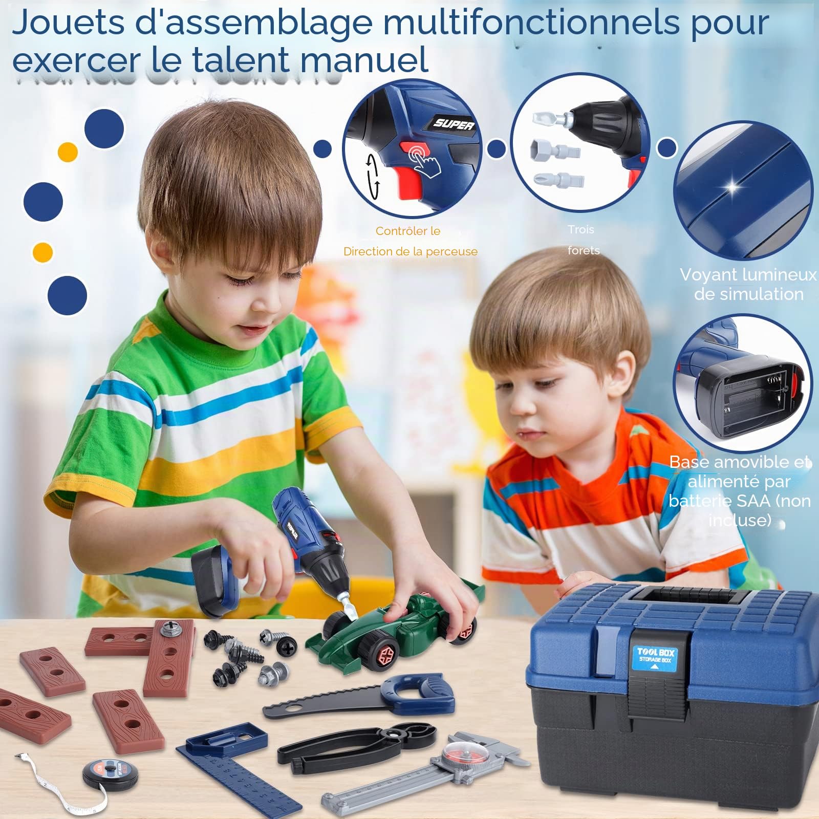 73 Pièces Jouet Outil pour Enfants, Outils de Construction et Accessoires, malette Outils Enfant, Boite a Outil avec Perceuse Électrique, Outils de Travail Jouet, pour Enfant 3 Ans+