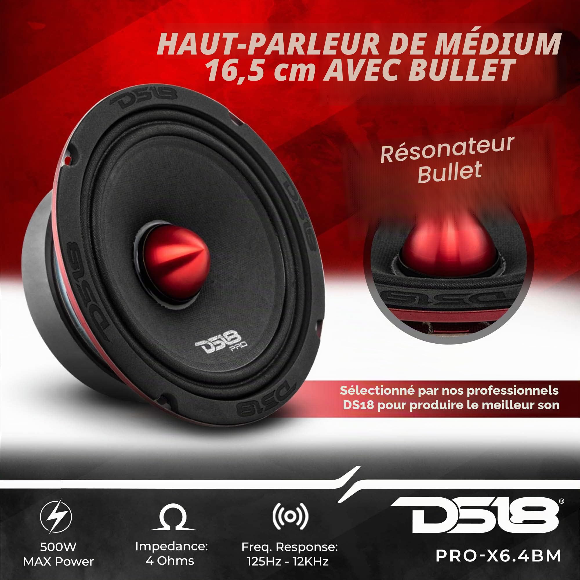 DS18 Pro-X6.4BMPK Ensemble Complet Moyen et Haut – Comprend 2 Haut-parleurs médiums de 16,5 cm et 2 tweeters Super Bullet en Aluminium de 2,5 cm – Haut-parleurs de Porte pour système Audio stéréo de