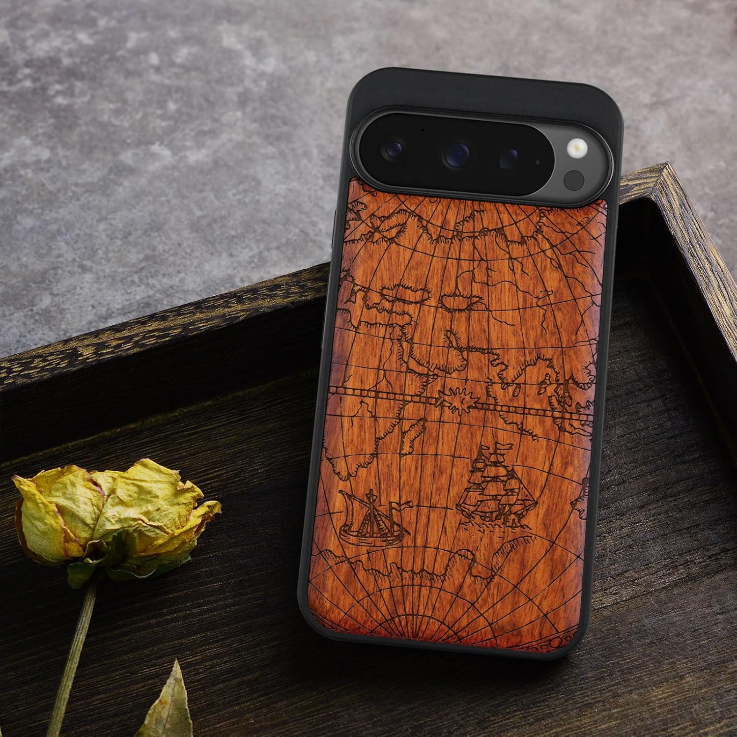Carveit Magnetic Wooden Case for Google Pixel 9 Pro XL Case, Wood Artisan Engraved & Soft TPU Shockproof Cover, Compatible with MagSafe Wireless Chargers (Charting Legends of Exploration) Rosy