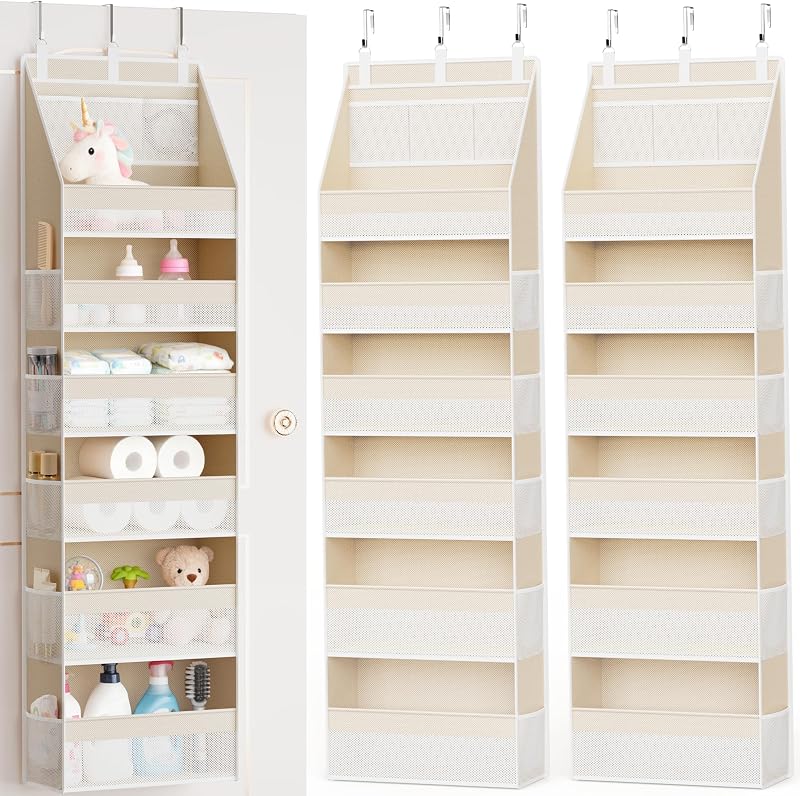 2 Pack Over the Door Organizer, 6-Shelf Closet Hanging Storage with 13 Mesh Pockets, 55lbs Capacity Behind the Door Storage for Baby Nursery, Bathroom, Bedroom, and Dorm, Beige