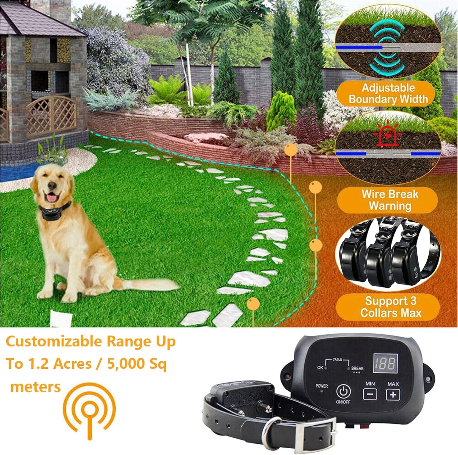 Wired Electric Dog Fence,Underground Pets Boundary Containment System,650 Ft Wire,with Waterproof/Rechargeable Collar,Shock/Tone Correction,for 1 2 3 Dogs,for1dog