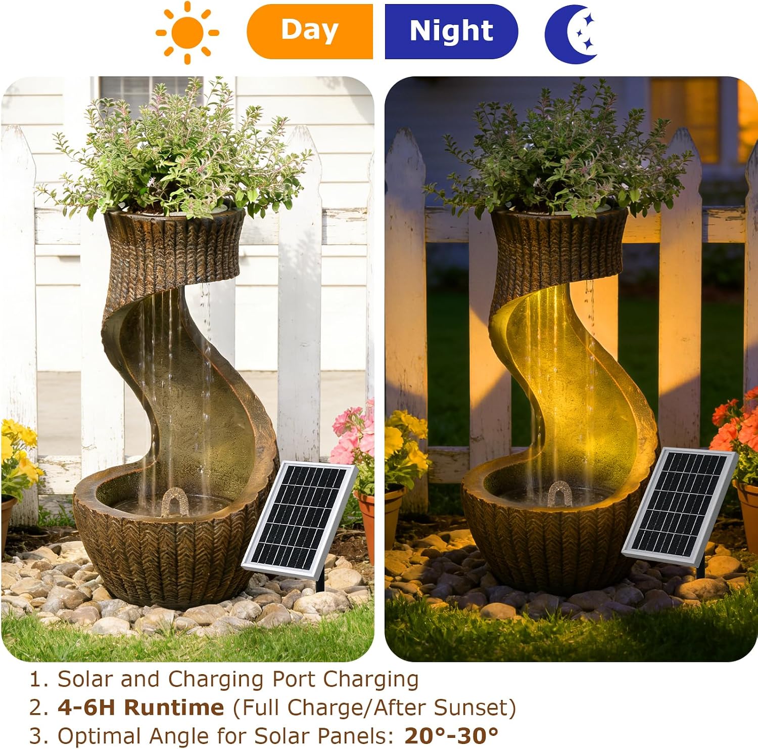 26.77" Tall Solar Water Fountain Outdoor Waterfall Feature, Modern Solar Powered Water Fountain with LED Lights & Planter Bowl for Garden, Patio, Yard, Porch, Deck, Backyard Decor