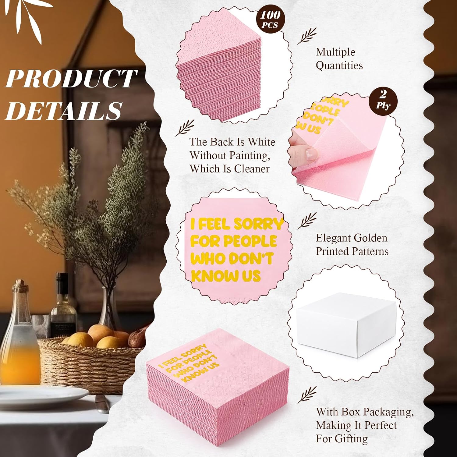 Yinder 100 PCS Funny Cocktail Napkins Funny Quotes I FEEL SORRY FOR PEOPLE WHO DON’T KNOW US Disposable Paper(Pink)