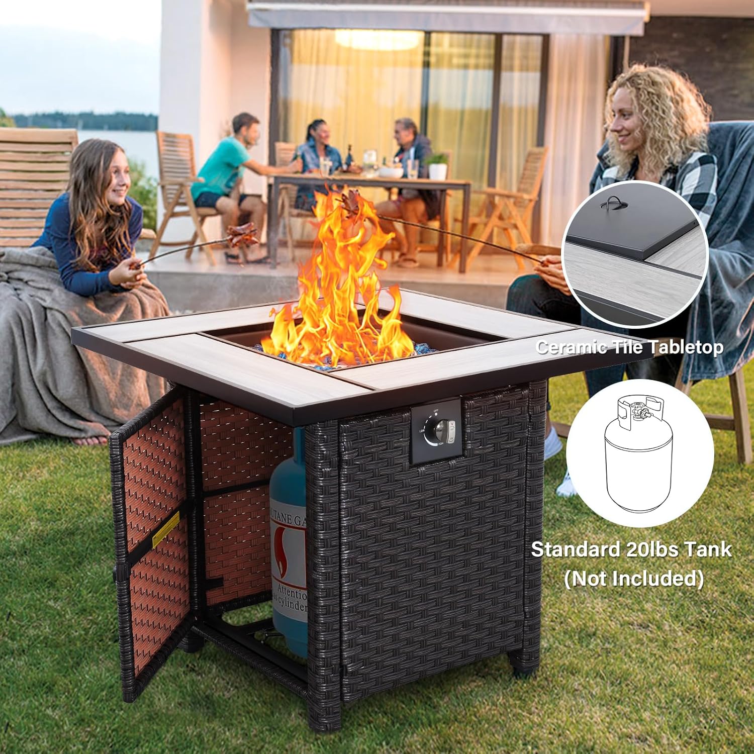 Outdoor Propane Fire Pit, 30 Inch PE Wicker Patio Firepit Table with Fire Glass for Outside Parties and Gatherings on Garden Backyard Porch