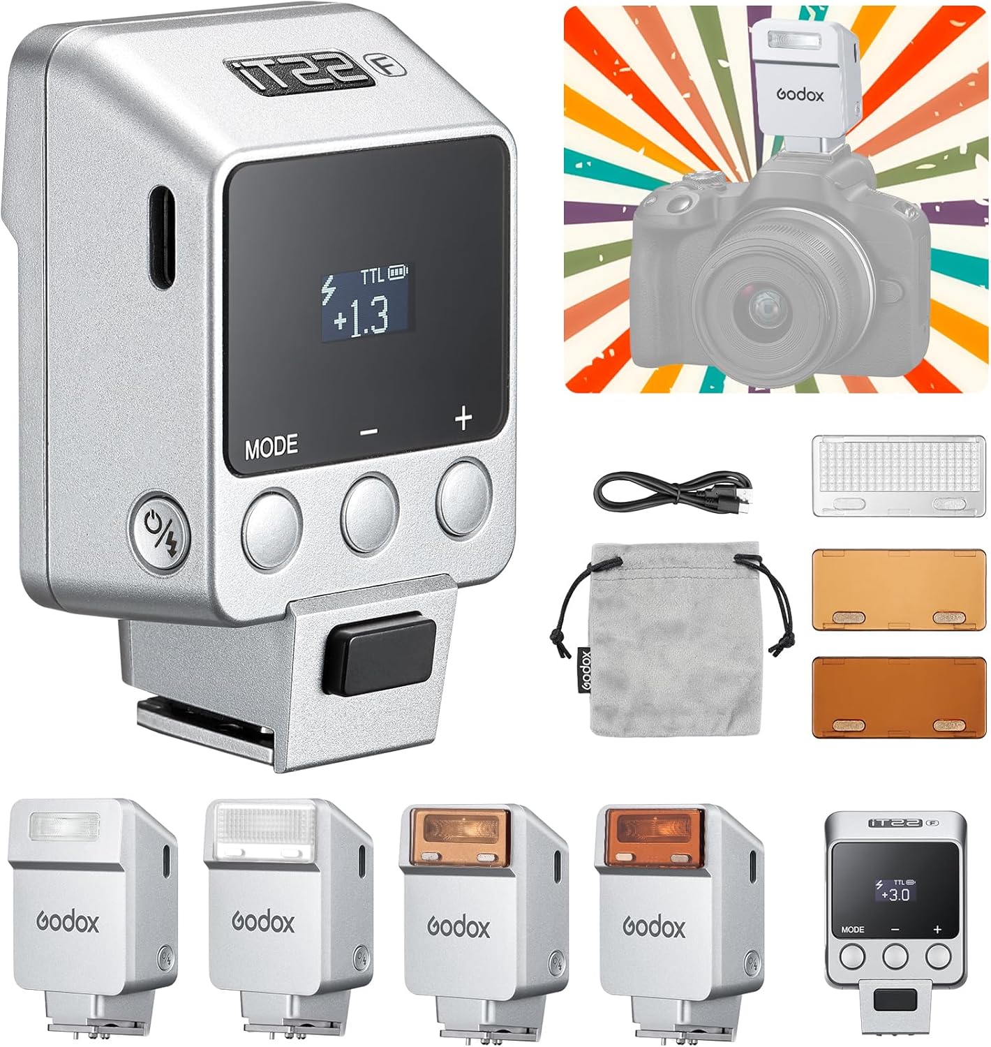 Godox iT22 N Mini Camera Flash for Nikon with 7.4V 300mAh Battery Manual/TTL Modes 700+Flashes 1.5s Recycle Hot Shoe Flash with Diffuser/Color Filters Accessories for Nikon Camera (Silver)