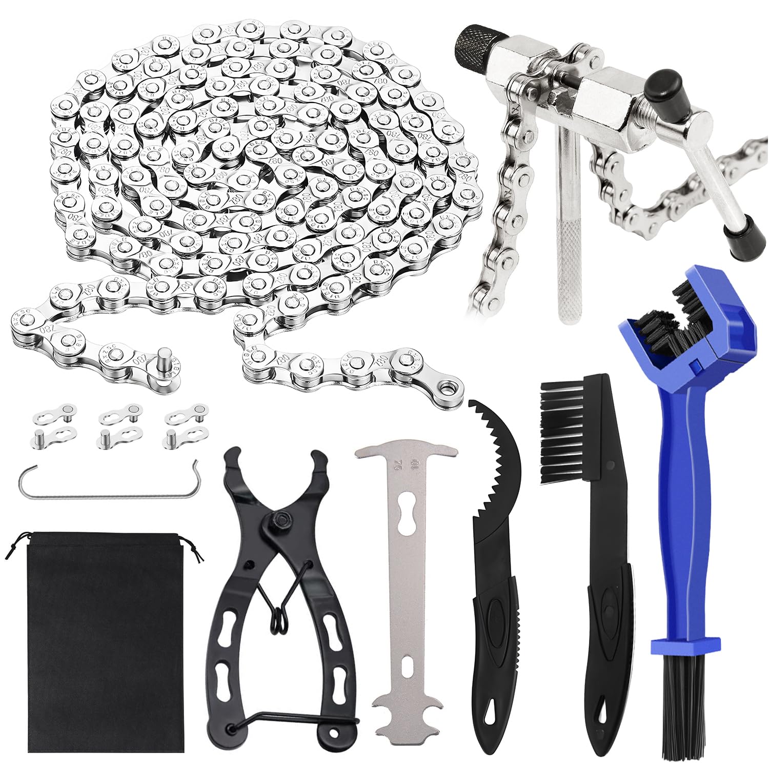 6 7 8 Speed Mountain Road Bike Chain 116 Links and Bicycle Chains Removal Tool, Chain Cleaner Brush 3 Pairs Quick Link Splitter Breaker Plier Wear Checker Repair Kit for MTB Bikes Racing Cycling