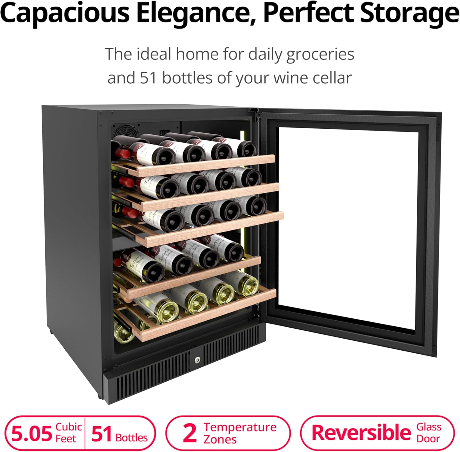 24 Inch Dual Zone Wine Refrigerator, 51 Bottles Under Counter Built-In or Freestanding Wine Cellar, Wine Cooler with Quiet Compressor Cooling and Reversible Glass Door, Fits Large Bottle