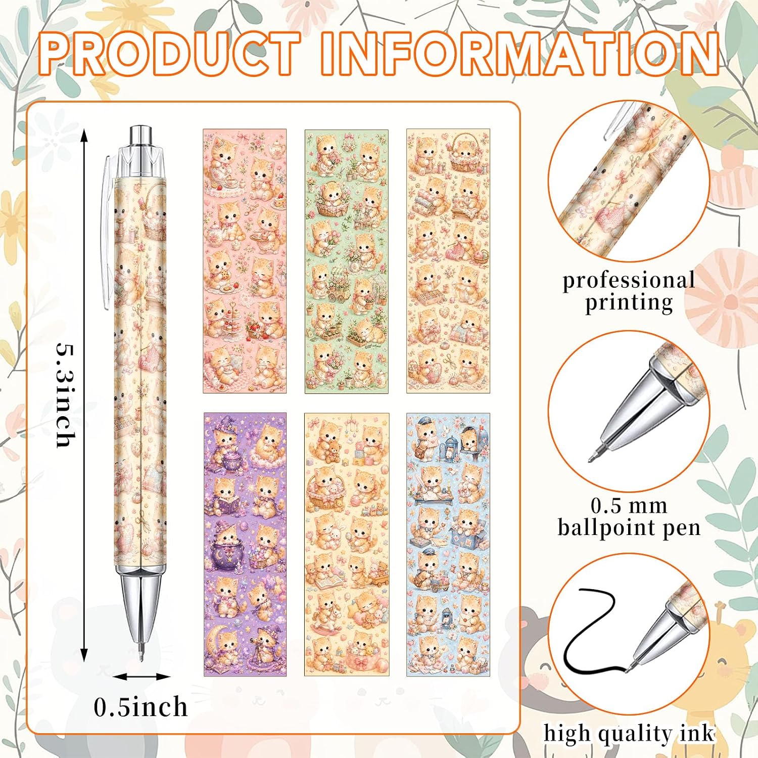 Floral Kitten Pens Set of 6, Black Ink Ballpoint Pens for Cat Lover Gifts image 3
