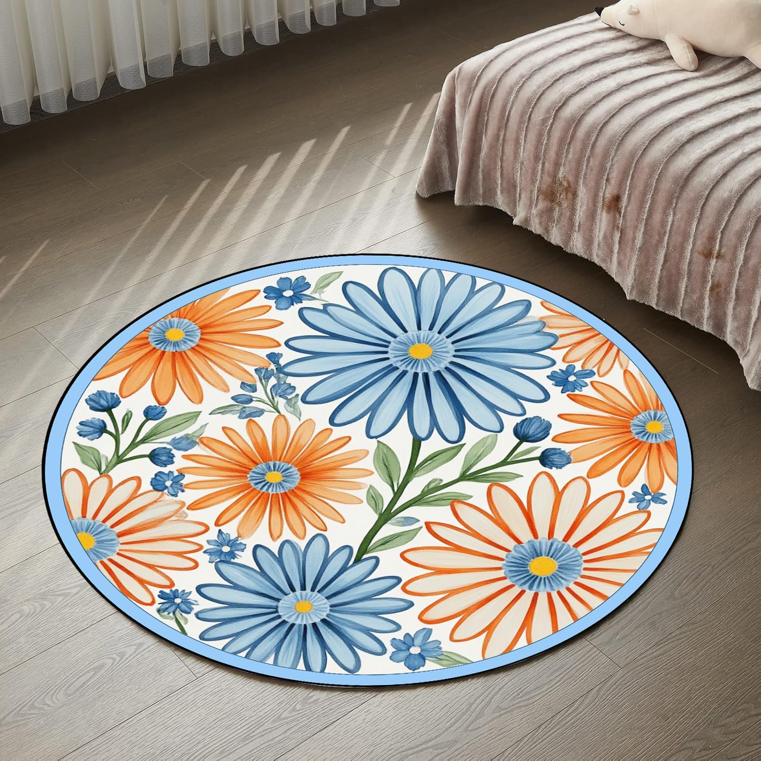 Blue Washable Round Rug,3ft Indoor Home Decor Carpet,Multicolor Round Area Rug,Vintage Floral Carpet,Soft Non-Slip Large Floor Mat,for Kitchen Living Room Bedroom Dining Room Office.