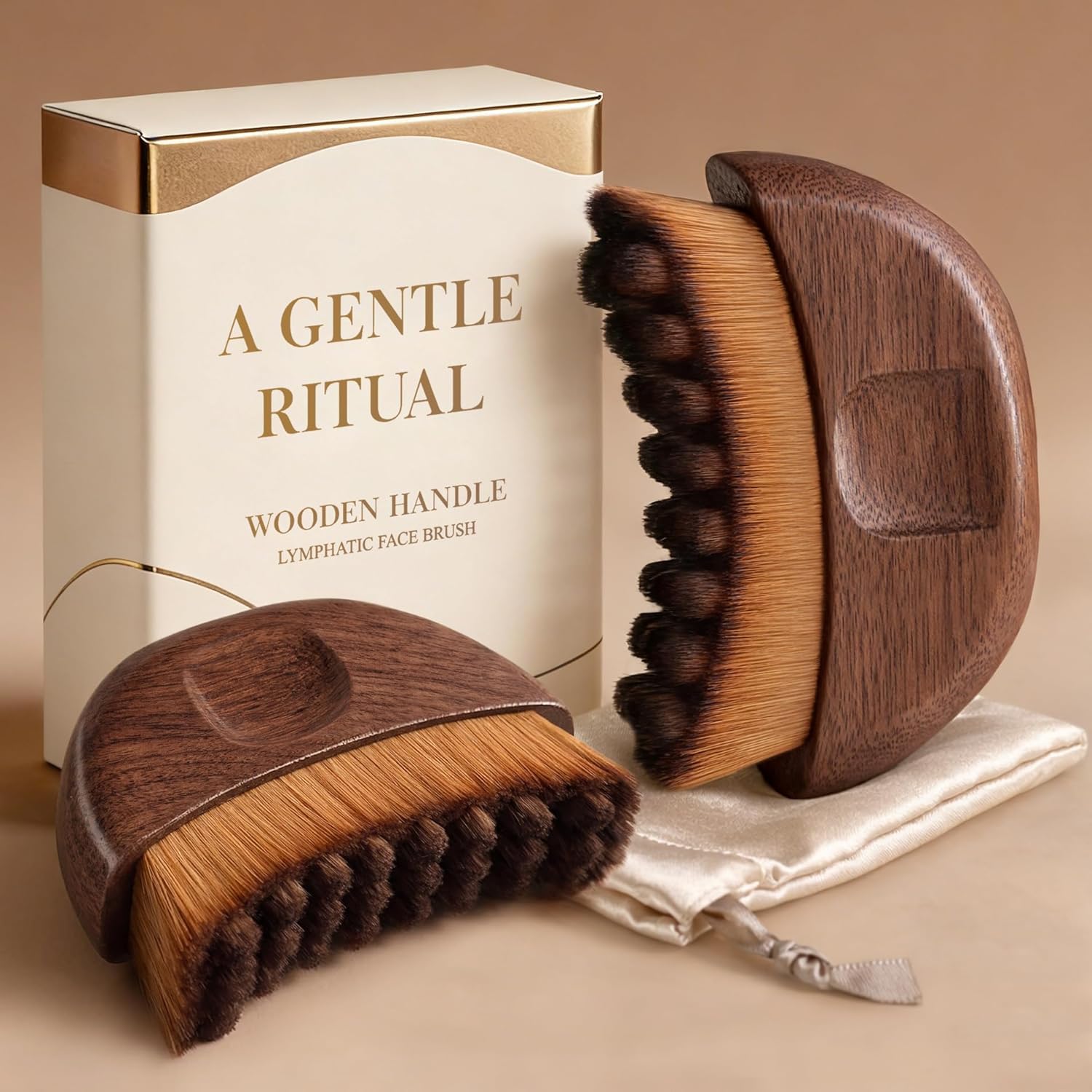 2PCS Lymphatic Contour Face Brush-Wooden Handle Facial Sculpting Brush-Dry Gua Sha Brushes for Face-Lift Facial Brushes for Lymphatic drainage Depuff Puffiness Brushes Walnut