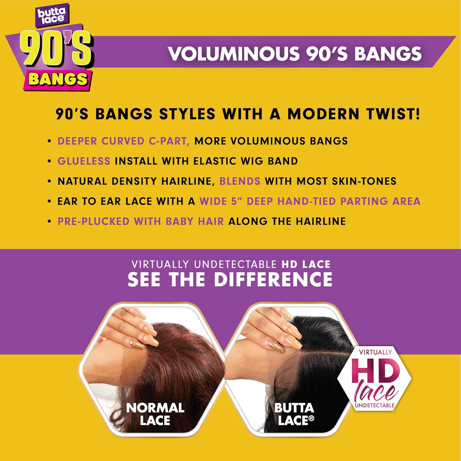 Sensationnel Butta Lace 90Sbangs Wigs - Unit 902 Glueless Wide Deep Part Synthetic Preplucked Hairline (1 JETBLACK)