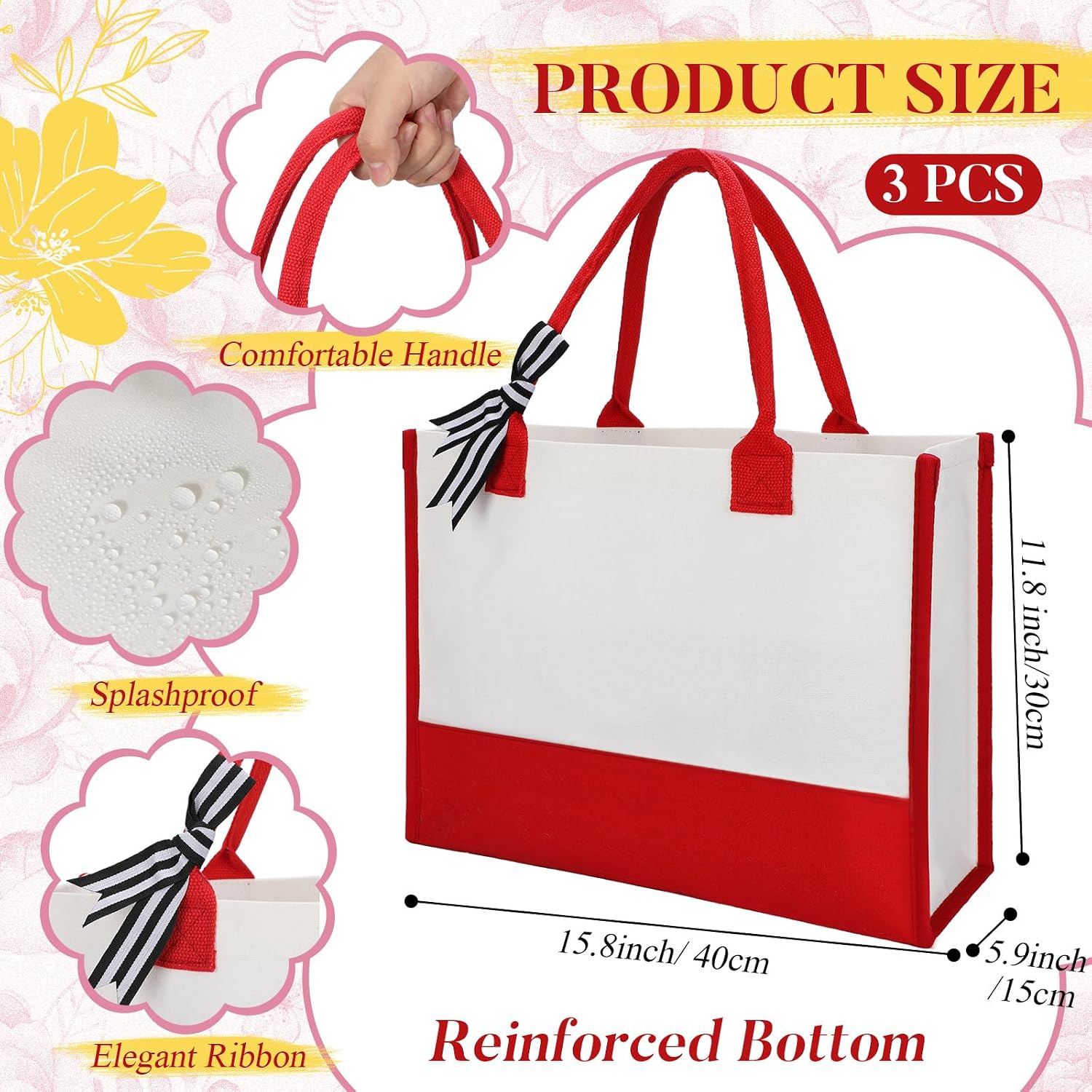 Shinylin 3 Pcs Initial Canvas Tote Bag Reusable Blank Personalized Present Totes for Women, Bridesmaid, Wedding, Travel Gift(Red)