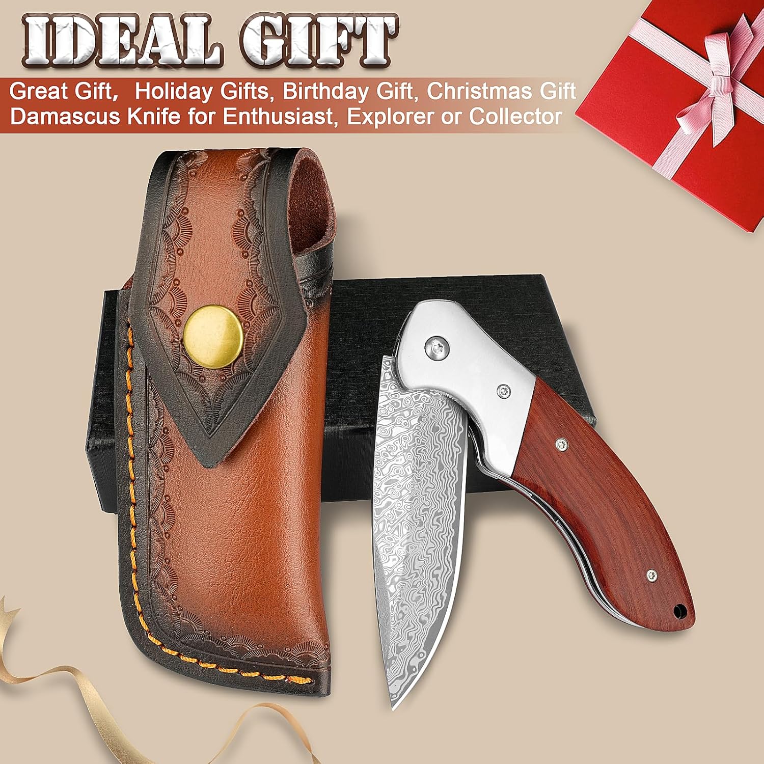 KOMWERO Damascus Pocket Knife, Sharp Damascus Steel Knife with Core VG10 Steel Blade Wood Handle, Folding Knife with Clip for Men Hunting, 60 HRC