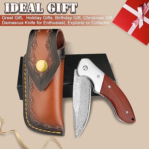 Miniatura 7 de KOMWERO Cuchillo de bolsillo de Damasco, cuchillo afilado de acero de damasco con núcleo VG10 de hoja de acero mango de madera, cuchillo plegable