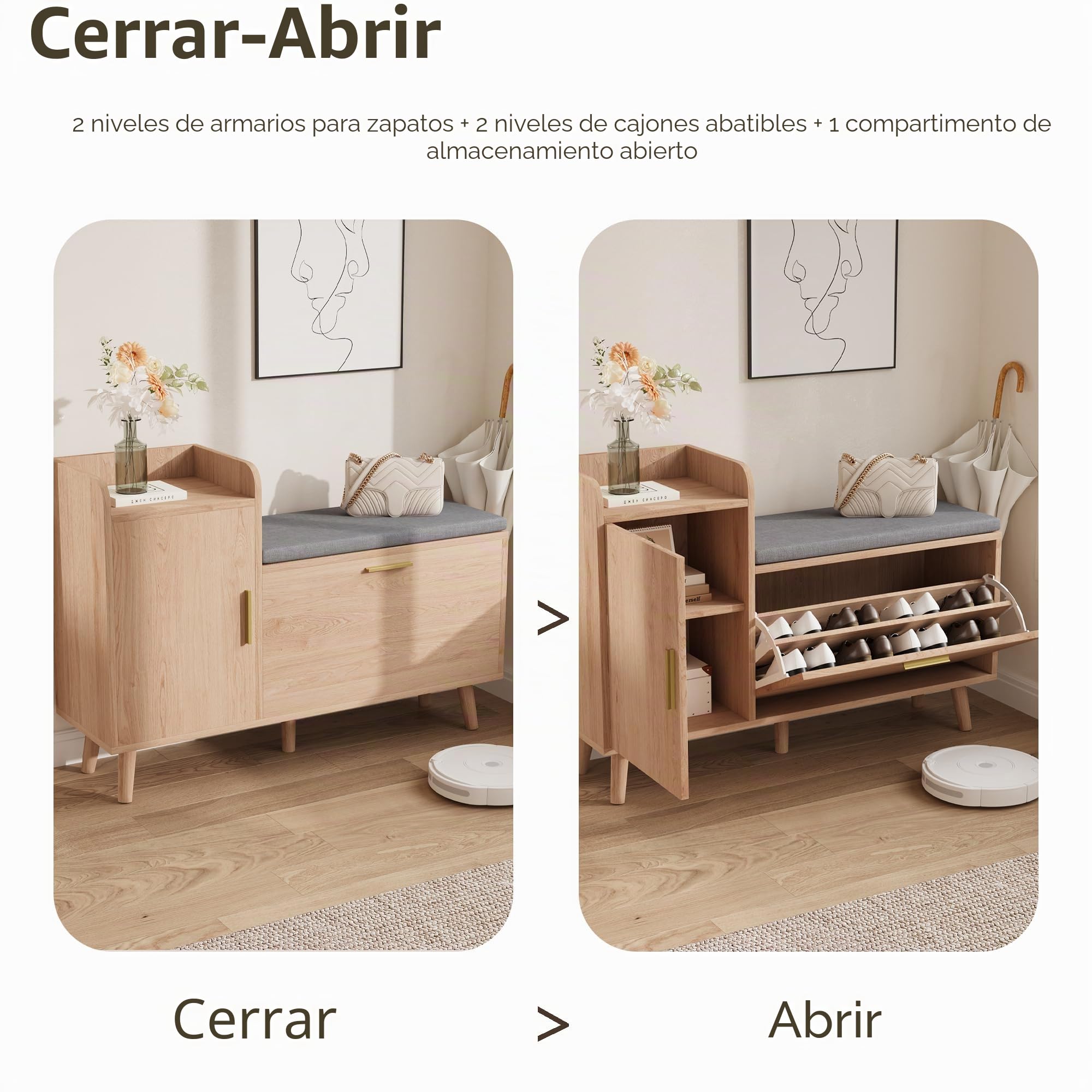 Banco de Zapatos con cojín extraíble, Zapatero de Madera con cajones Ajustables, Banco de Entrada Moderno de Almacenamiento, para Dormitorio, salón