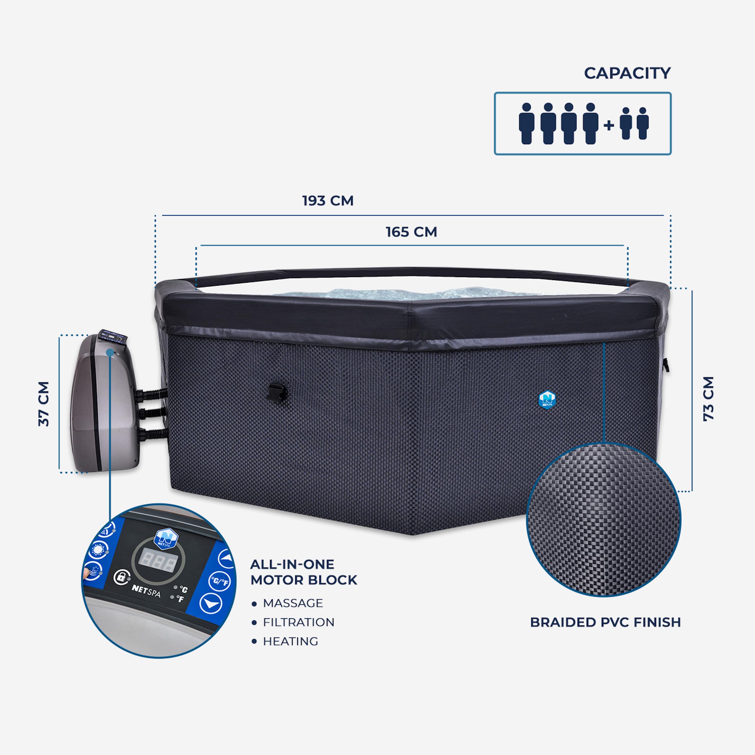 N NETSPA - Spa - Octopus - Semi-Rigide Octogonal 4+2 Places - SP-OCT165 – Portable Compacte en PVC avec Chauffage, Pompe de Filtration de l’Eau et Couverture Isotherme – Volume 1000l - 193x73cm