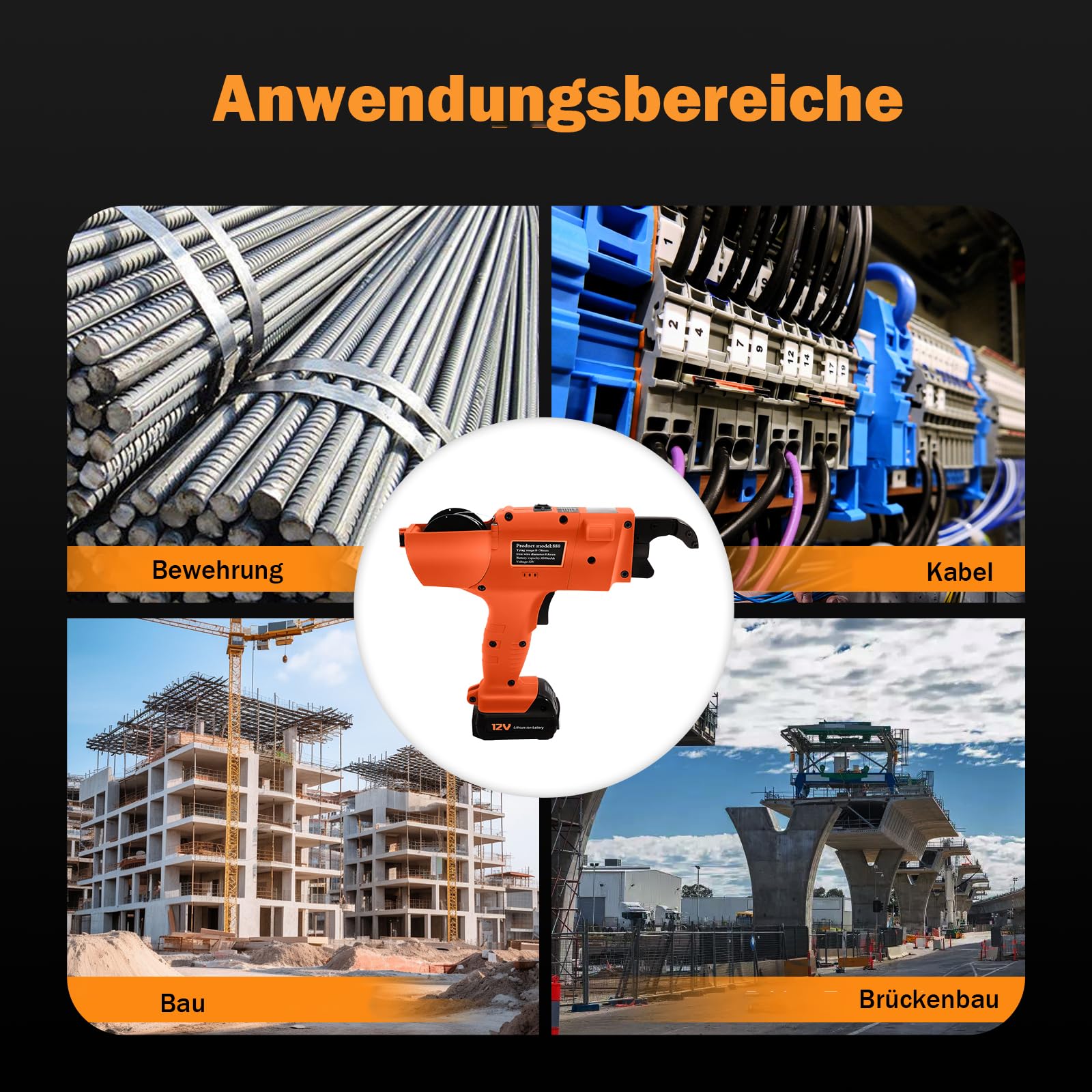 Akku Bewehrungsbindegerät für Φ8–34 mm Stahl, Drahtbindegerät 1500 Knoten pro Ladung, 0,8s Schnellbindung, inkl. 2×4500 mAh Akkus, 110m Bindedraht – Drahtbindemaschine für Baustellen, Tunnel