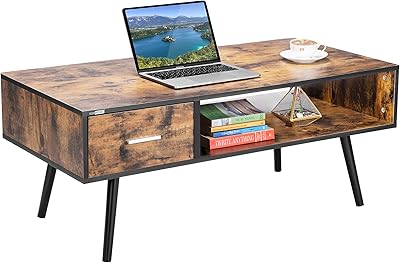 VIVOHOME 43 Inch Wooden Retro Mid-Century Modern Coffee Table with 1 Drawer and Open Storage Shelf Vintage Accent Boho Cocktail TV Office for Home Living Room Indoor, Rustic Brown