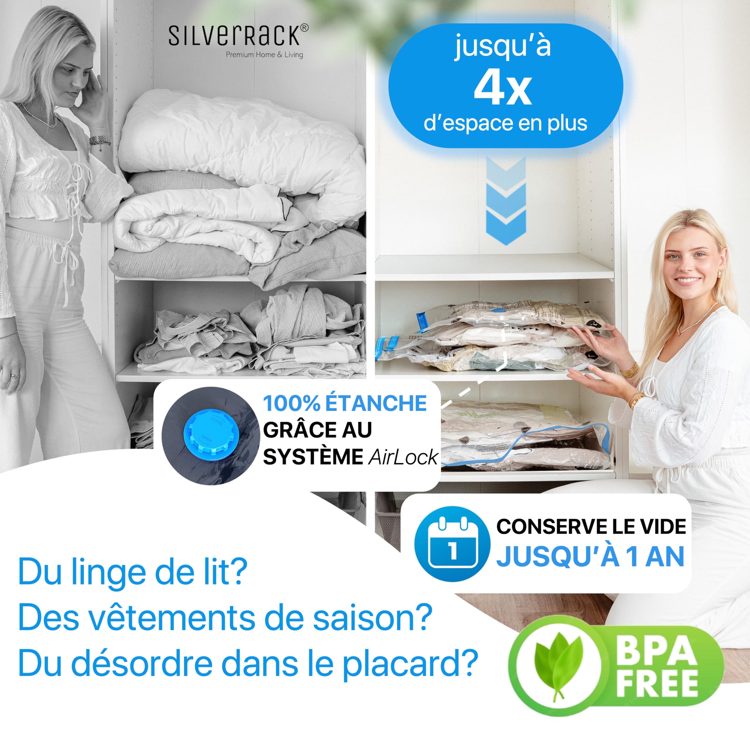 SilverRack Ensemble de Sacs de Rangement sous Vide [6 Pièces] en 2 Tailles (3x 60x80 cm / 3x 80x100 cm) - Sacs de Rangement sous Vide pour Vêtements et Couettes - pour Vêtements