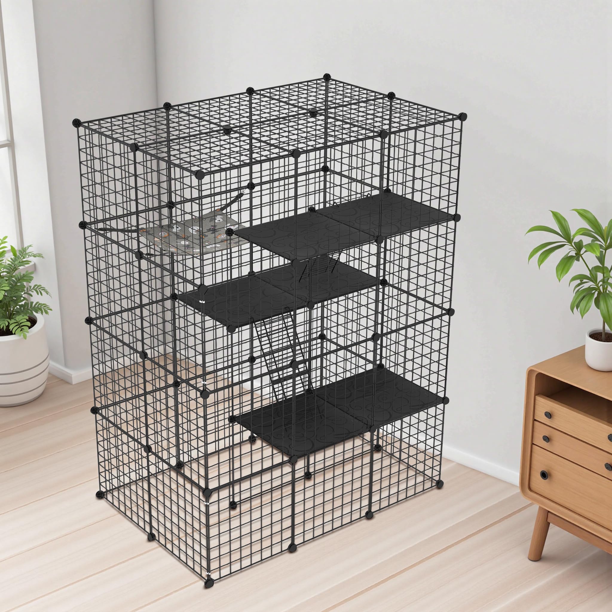 NAIZY Jaula para gatos de 4 pisos grande con hamaca, 146 x 110 x 74 cm, jaula de metal extraíble, parque para interiores y balcón