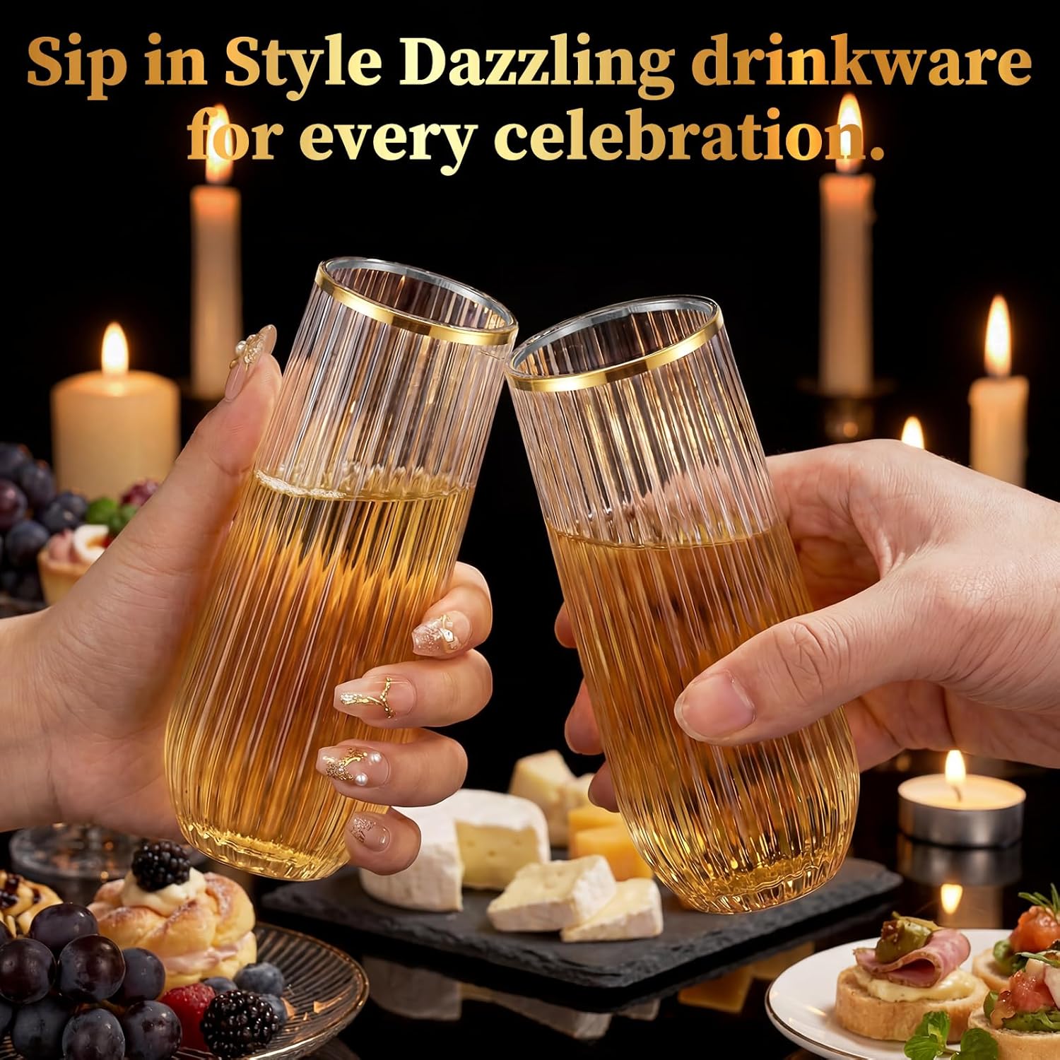 GuanQiao 24 Pack Stemless Plastic Champagne Flutes with Gold Rim, 9oz Ribbed Disposable Champagne Glasses, Heavy Duty Shatterproof Mimosa Glasses for Wine Wedding Bridal Shower Party Supplies Birthday