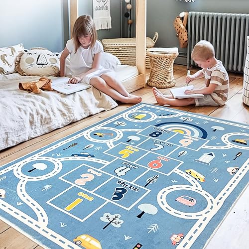 Alfombra de juego infantil de 3.3 x 5 pies, alfombra grande de vehículo Hopscotch para el dormitorio de los niños, alfombra suave para áreas de