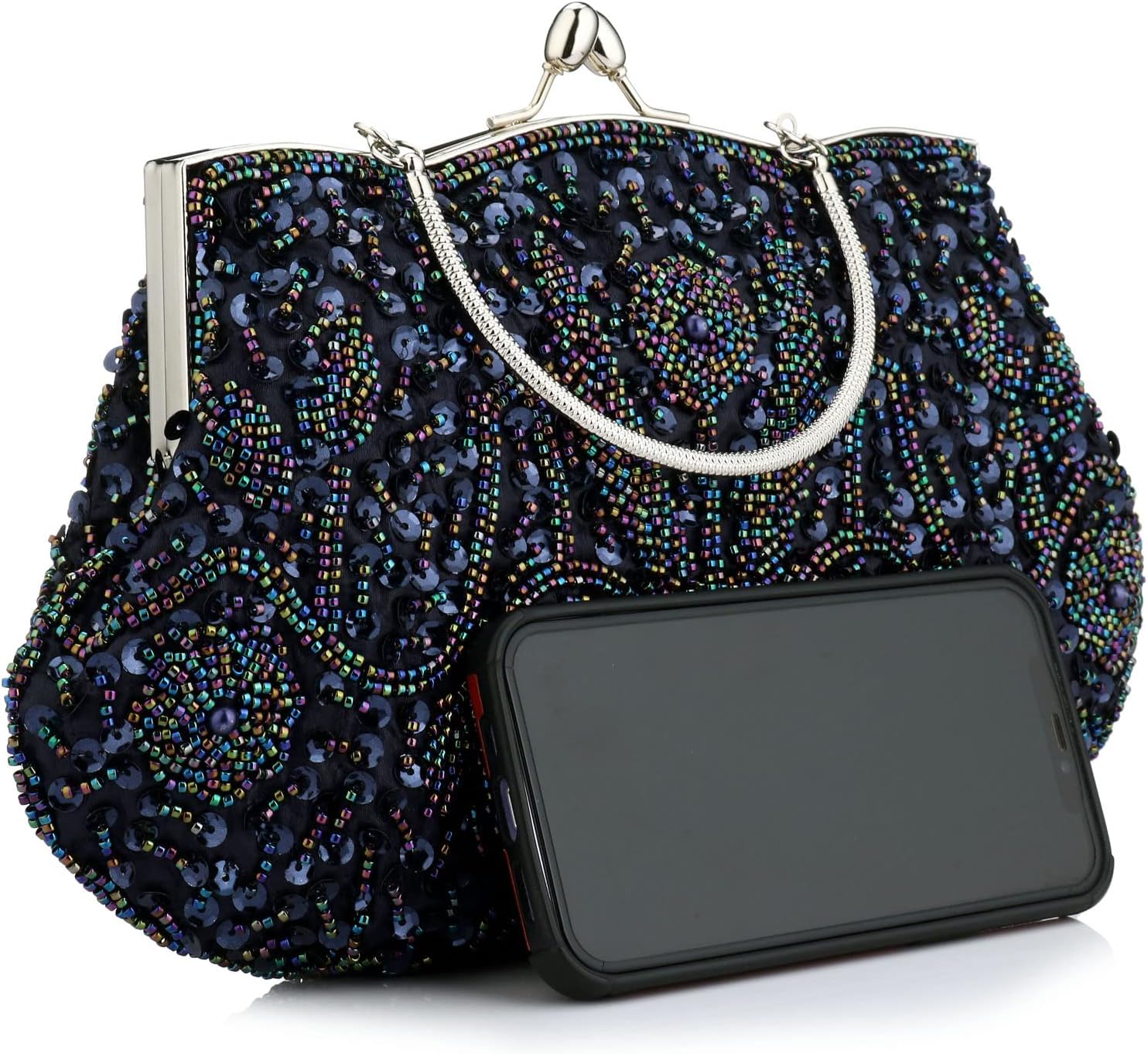 Floral Designer Evening Bag Beaded Sequin Design Vintage Kissing Lock Satin Clutch Purse Bag Wedding Party Clutch