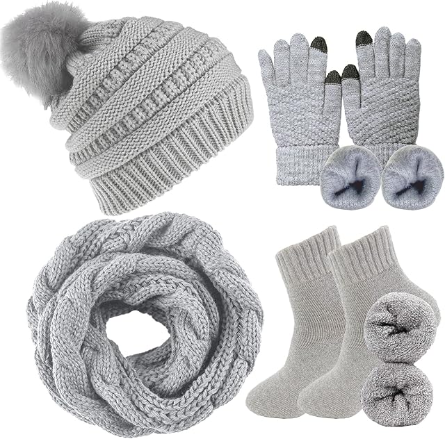 Yutdeng Winter Cable Knit Hat Scarf and Gloves Set Beanie Hat Outdoor Sports Touchscreen Gloves & Loop Scarf 3 Pcs Cold Weather Warm Set for Women