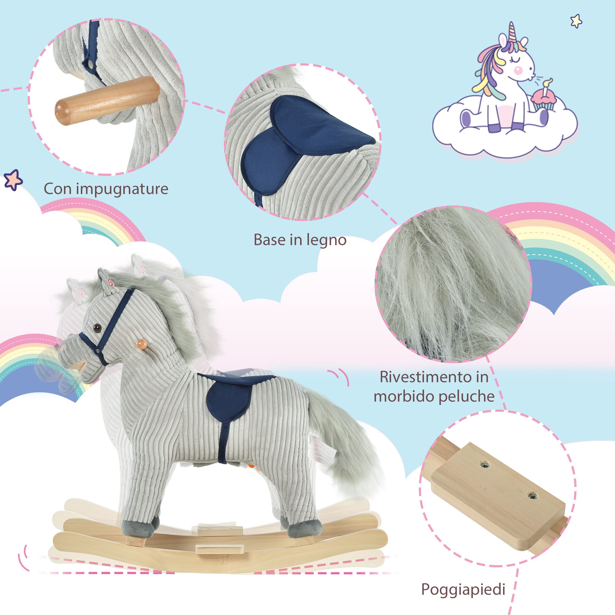 HOMCOM Cavallo a Dondolo per Bambini 3-6 Anni, Cavalluccio a Dondolo Interattivo Riproduce Suoni, in Peluche Grigio, 73x35x64cm
