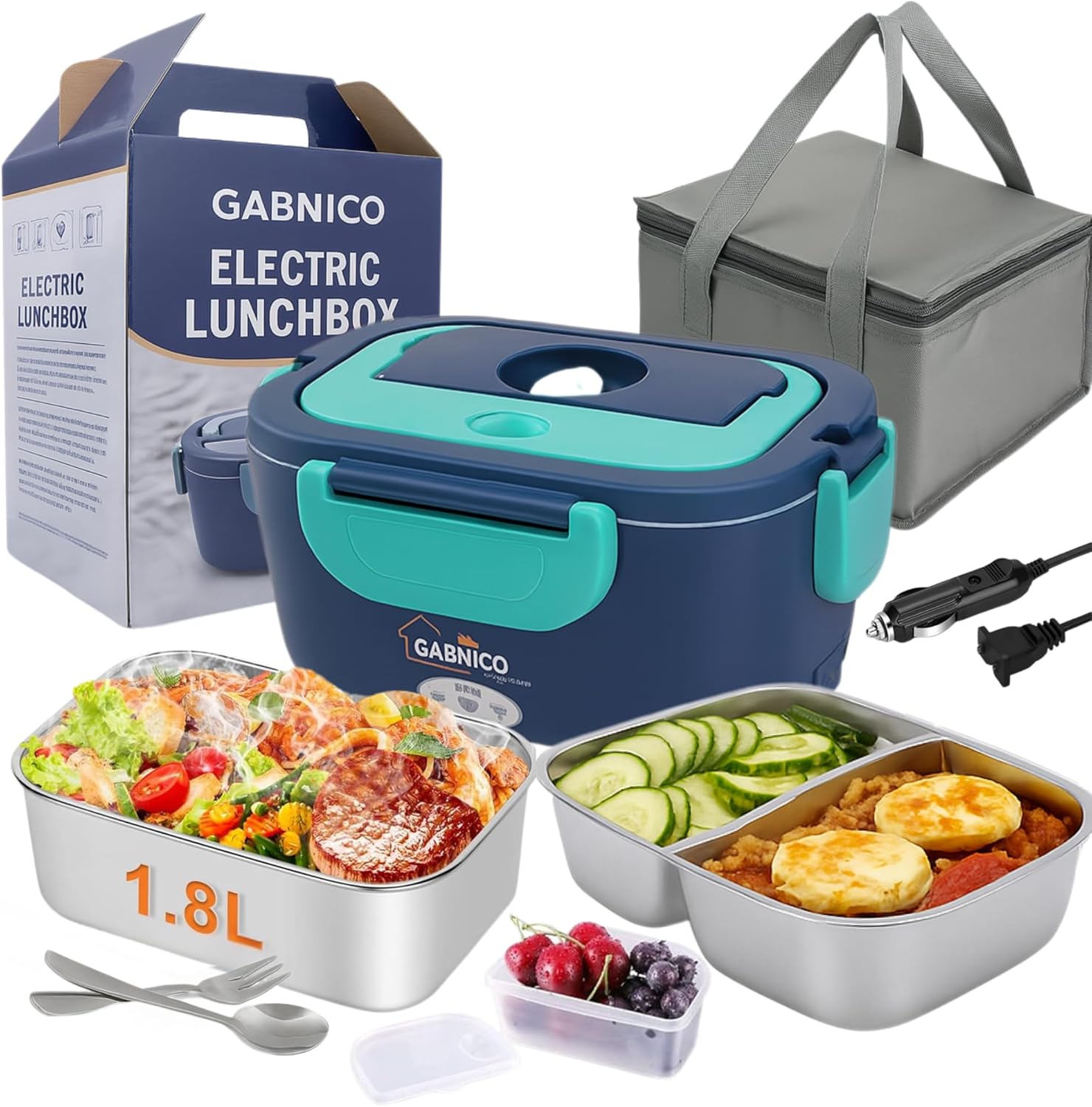 Heated Lunch Box - Electric Lunch Box - Food Heater with Dual Power 12V/110V - Portable Heated Lunch Container with Utensils & Carry Bag - Deluxe Warming Box for Women, Office & Travel (Green)