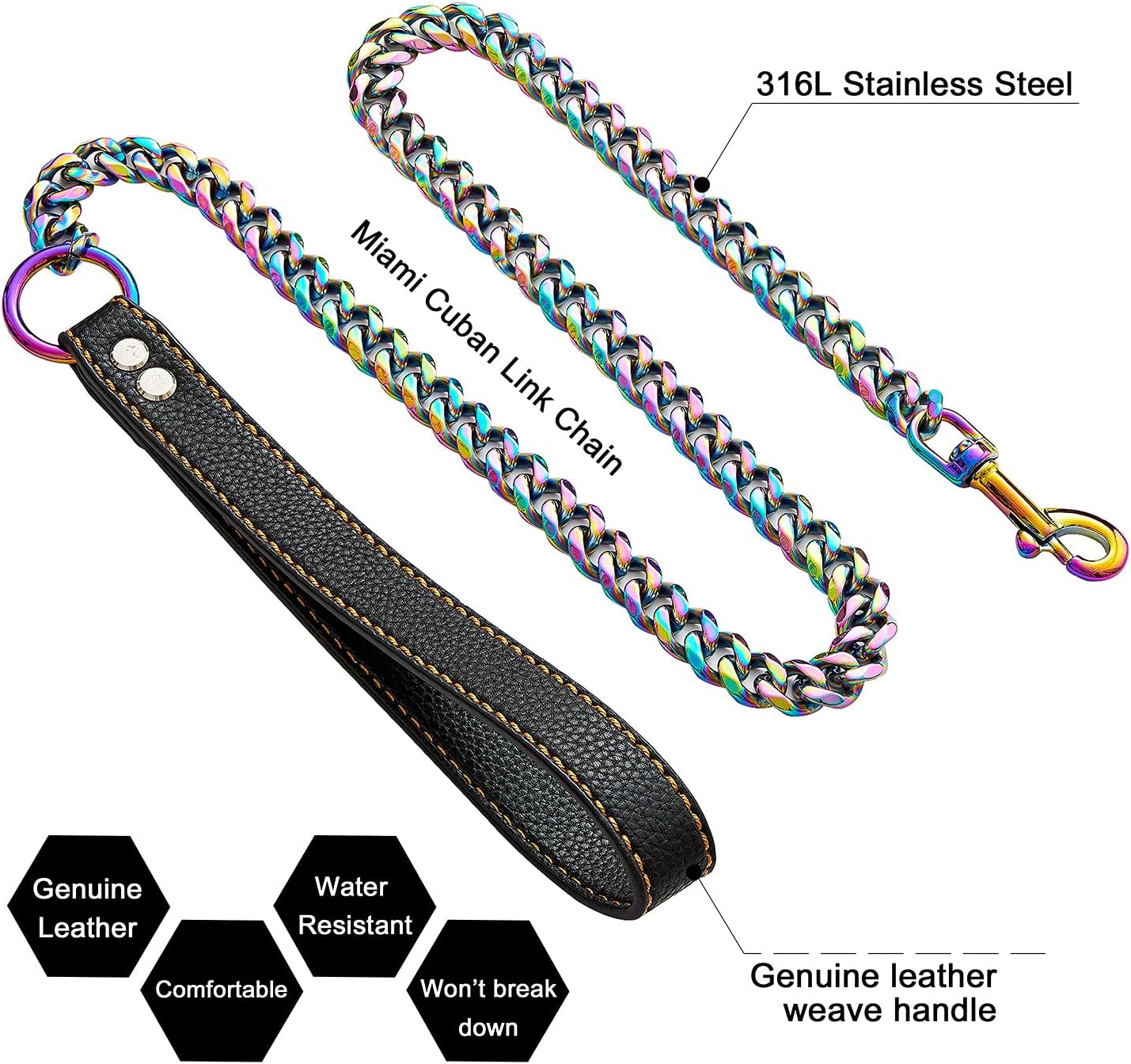txprodogchains Chain Leash for Medium Large Dogs - Heavy Duty, Stainless Steel, Multicolored with Leather Padded Handle (3.5FT)