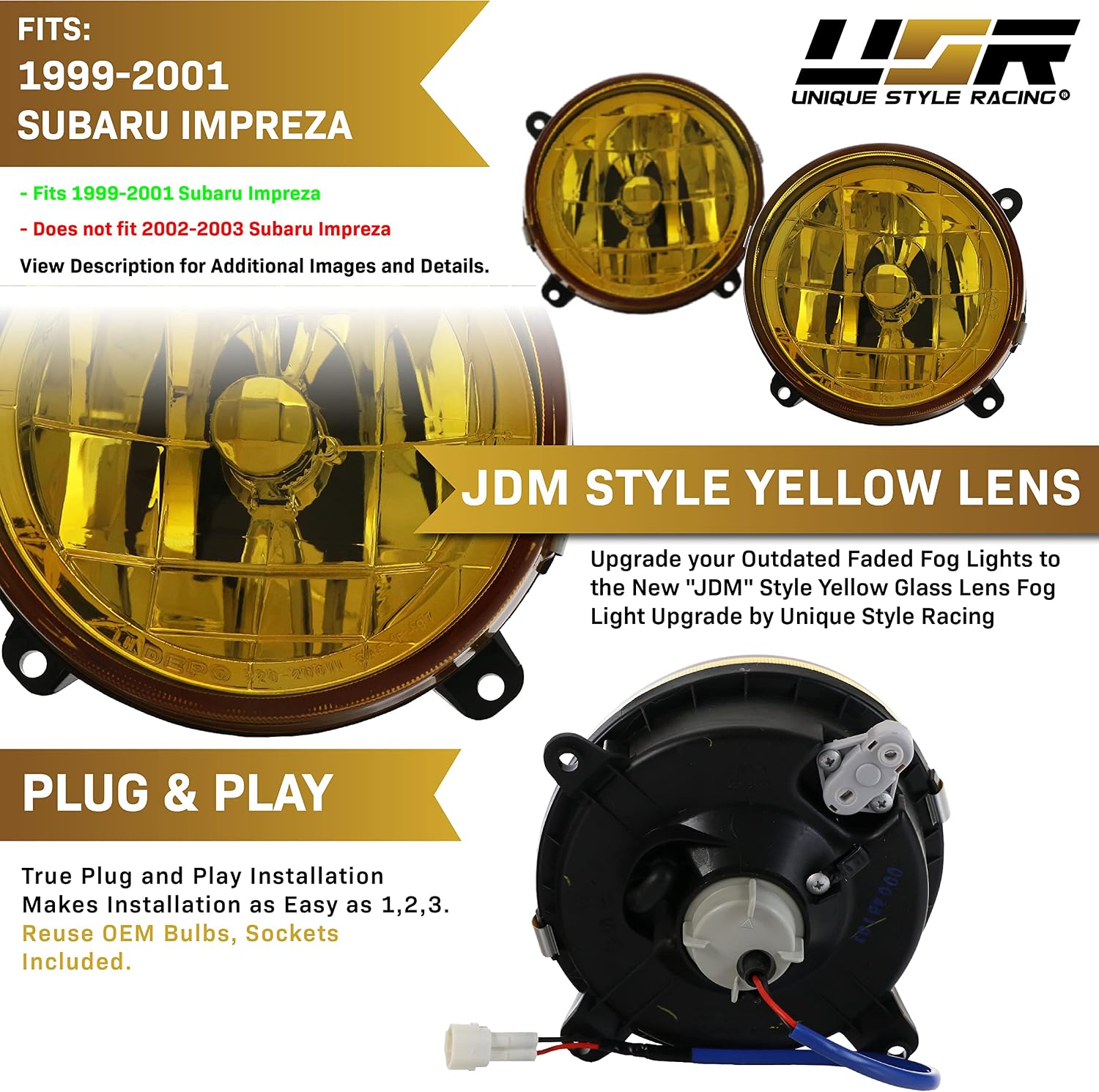 USR DEPO 99-01 Impreza Fog Lights - JDM Style Stock Replacement Fog Lamps Pair (Left + Right) Compatible with 1999-2001 Subaru Impreza (YELLOW Glass Lens, x2, Plug n Play Ready)