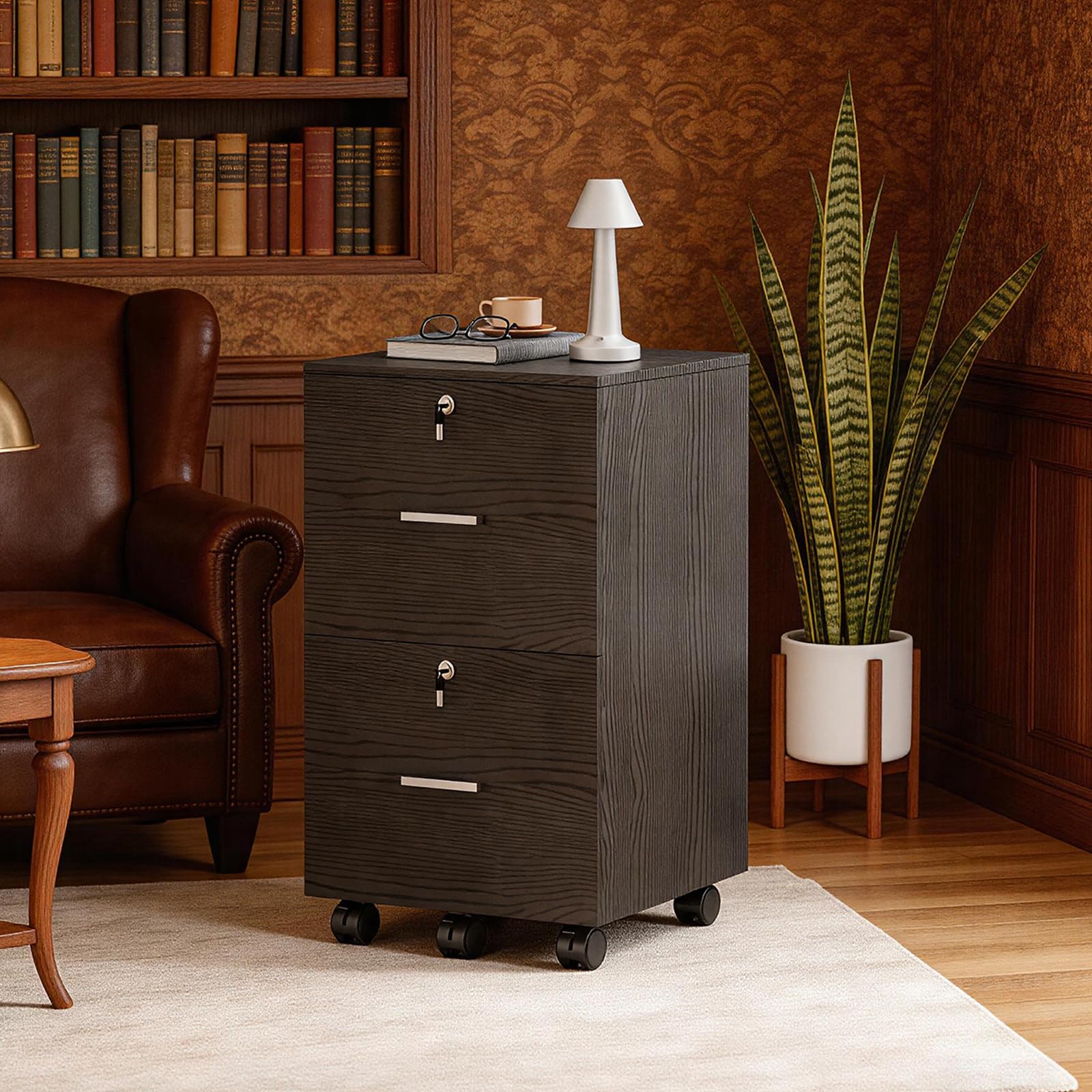 Bonnlo 2 Drawers Mobile File Cabinet for A4, Letter-Size Files,Wooden Rolling File Cabinet,Small Lockable Filing Cabinets for Home Office,Black