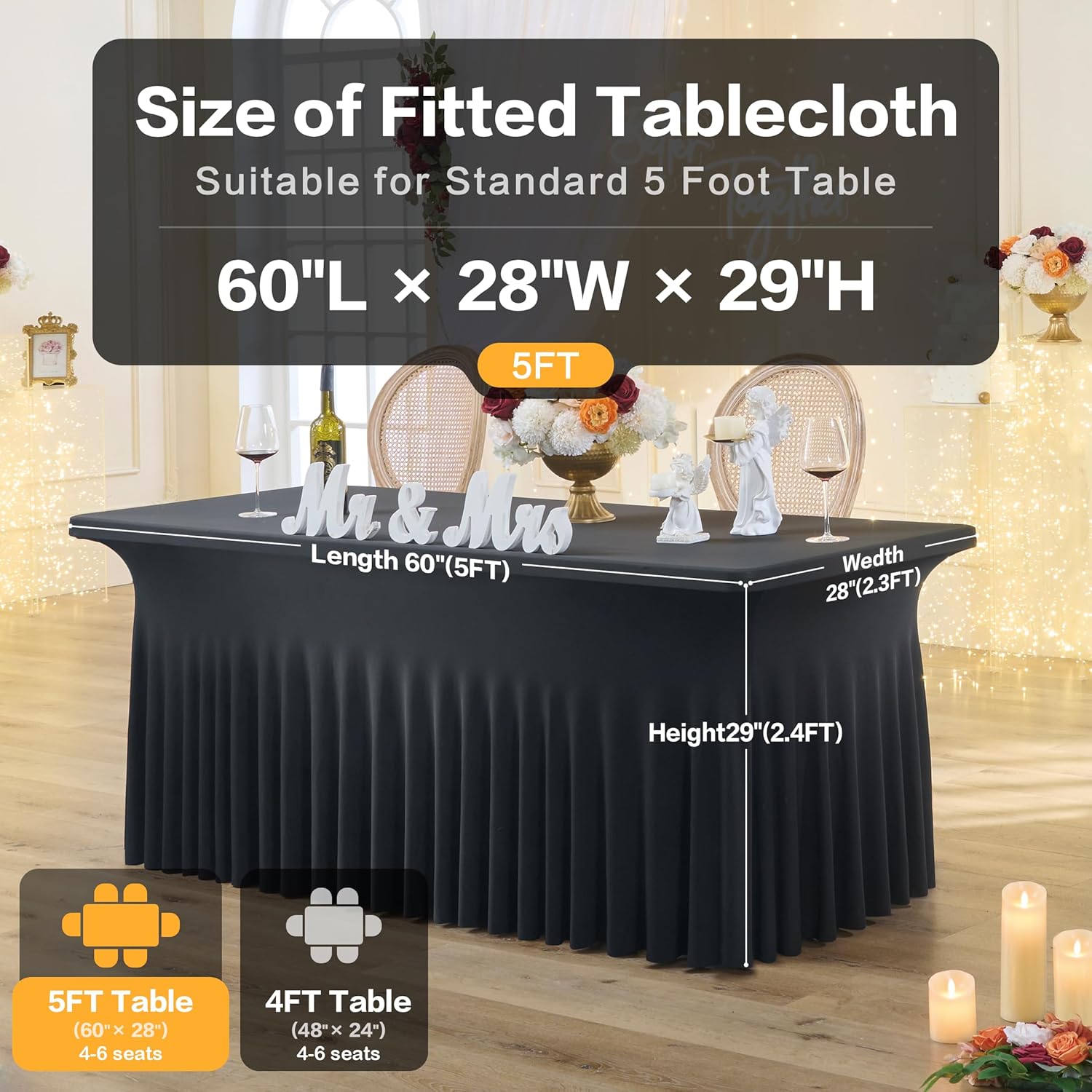 leegleri 4 Pack Black Spandex Fitted Table Clothes for 5 Foot Rectangle Tables, Wrinkle Free 5ft Spandex Table Cover with Skirt-for Banquet Weddings Parties