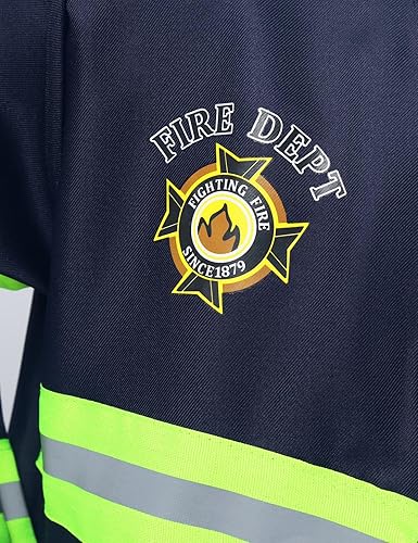 Miniatura 6 de Huimingda Disfraz de bombero para niños, disfraz de juego de rol, disfraz de bombero para fiesta de disfraces, chaqueta con pantalones y sombrero