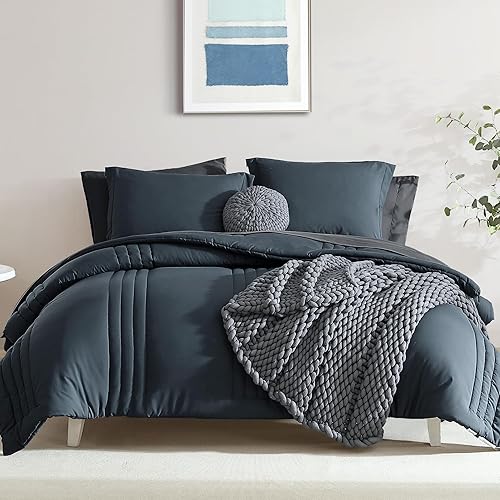 Monbix Oversized Queen Comforter Set - 7 Pieces Blue Grey Bed in a Bag Oversized Queen Bedding Sets with Comforters, All Seasons Comforter Bed Set with Sheets, Pillowcases & Shams