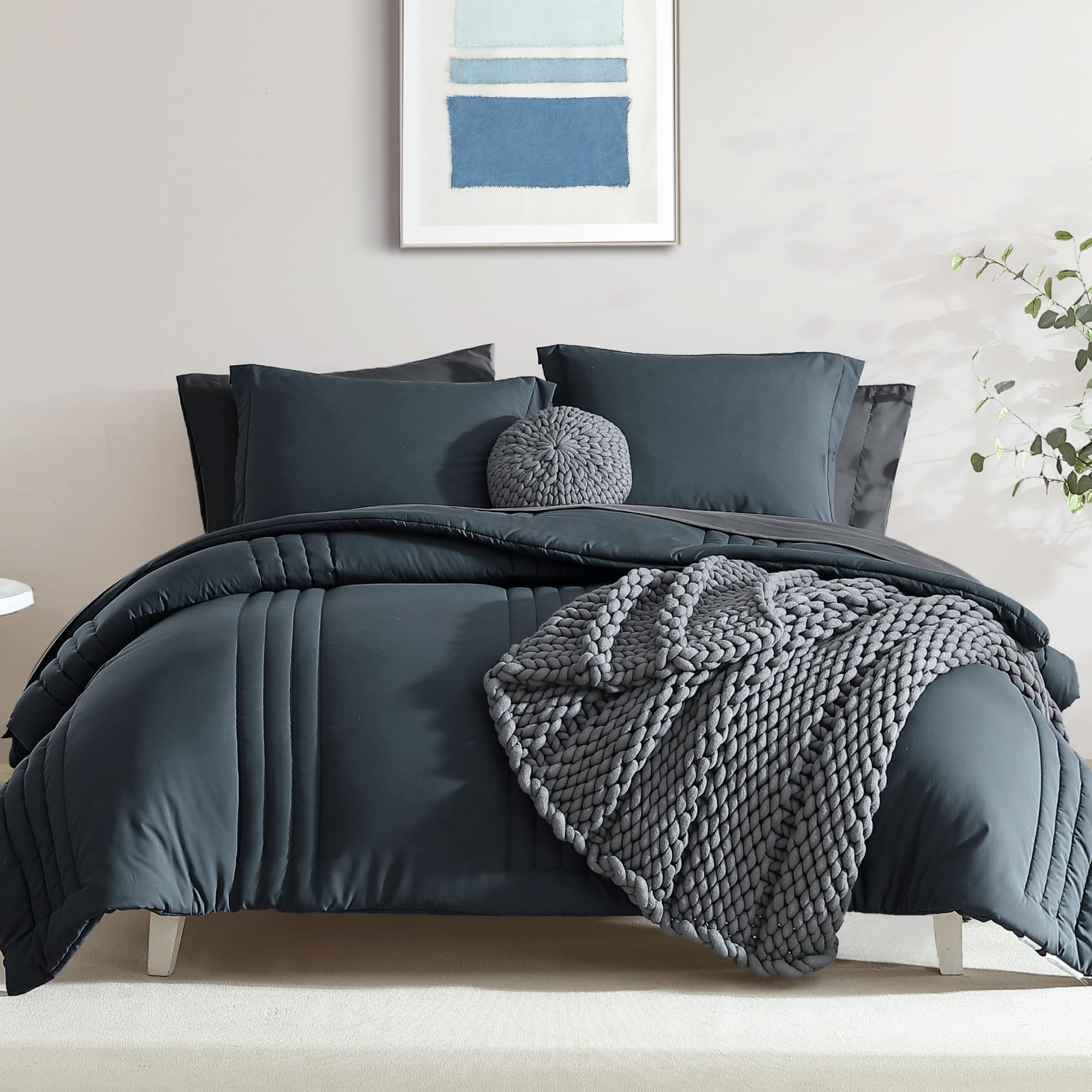 Monbix California King Size Comforter Set - 7 Pieces Bed in a Bag Cal King, Blue Grey Bedding Sets with Comforter, All Seasons Comforter Bed Set with