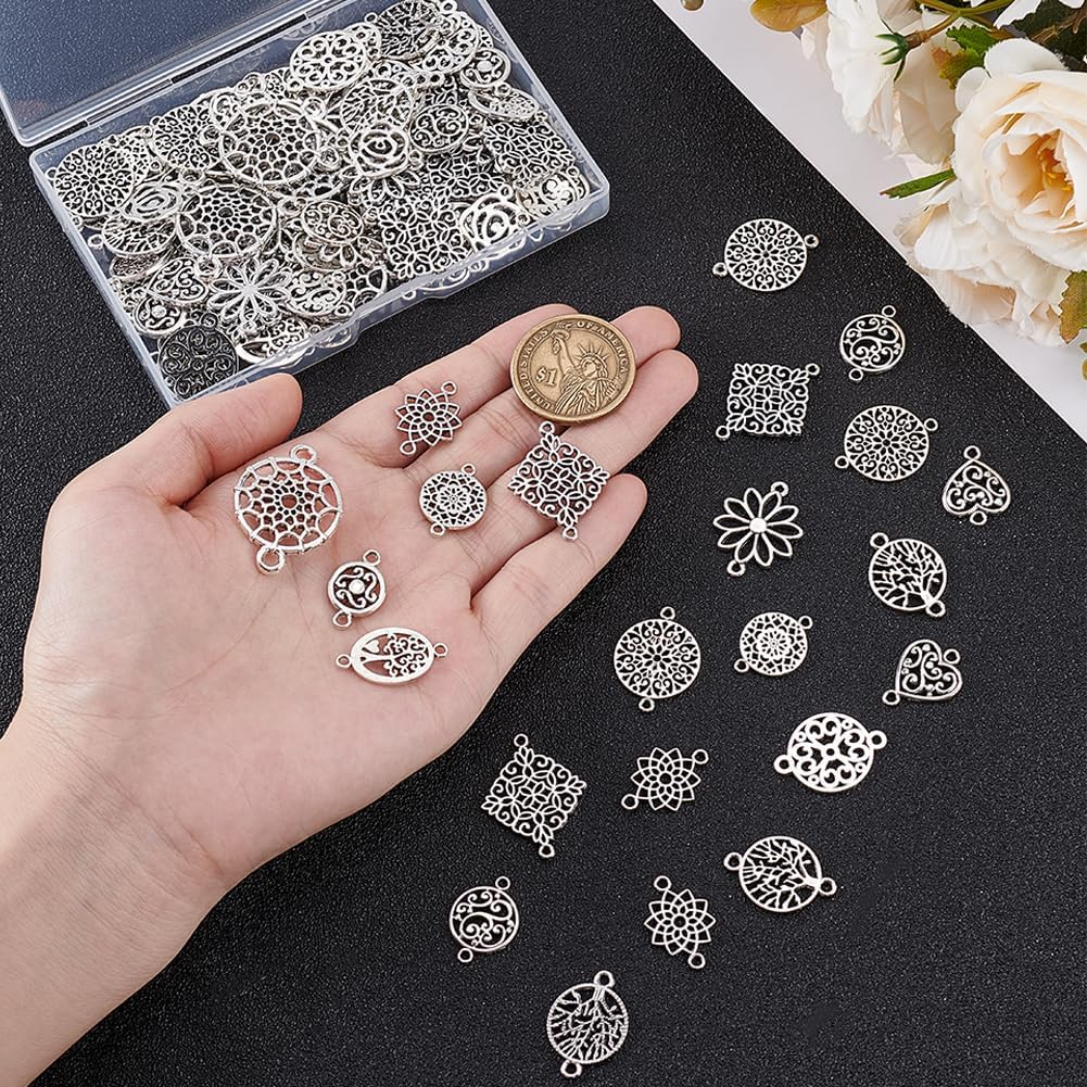 PH PandaHall 120Pcs Jewelry Connectors Charm Links 13 Styles Tibetan Flower Charms Chakra Connector Antique Silver Metal Filigree Pendants Jewelry Finding for Bracelet Jewelry Making - Image 2