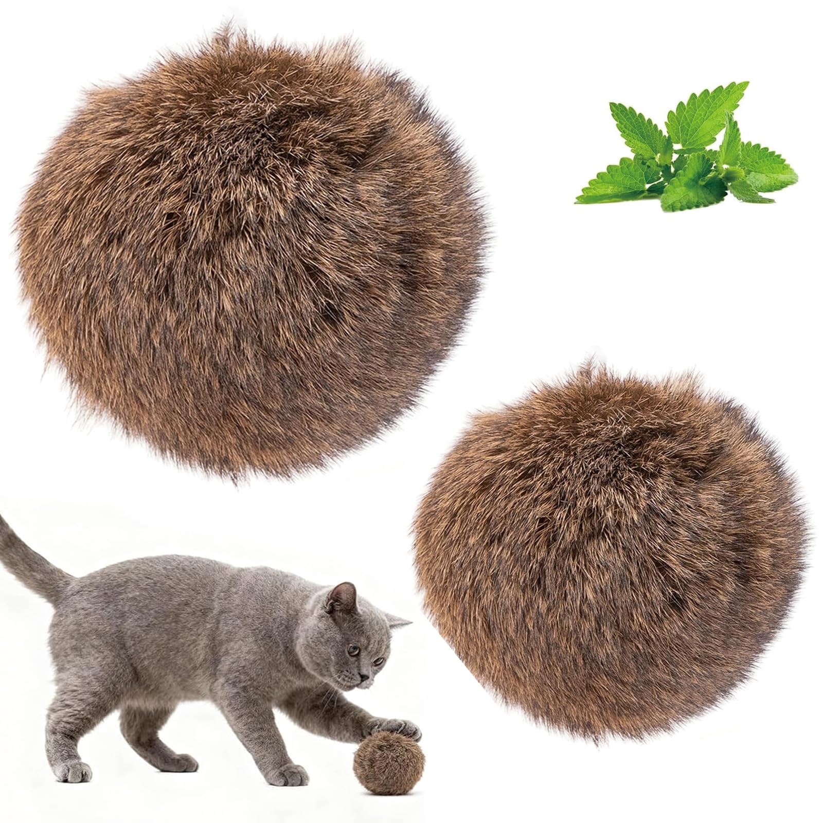 QhgPnt 2Pcs Faux Rabbit Fur Ball Cat Toy, 3.9-Inch and 3.2-Inch Oversized Catnip Interactive Cat Toy Balls, Cat Toys for Indoor Cats Adult, Chase Balls for Cats & Kittens