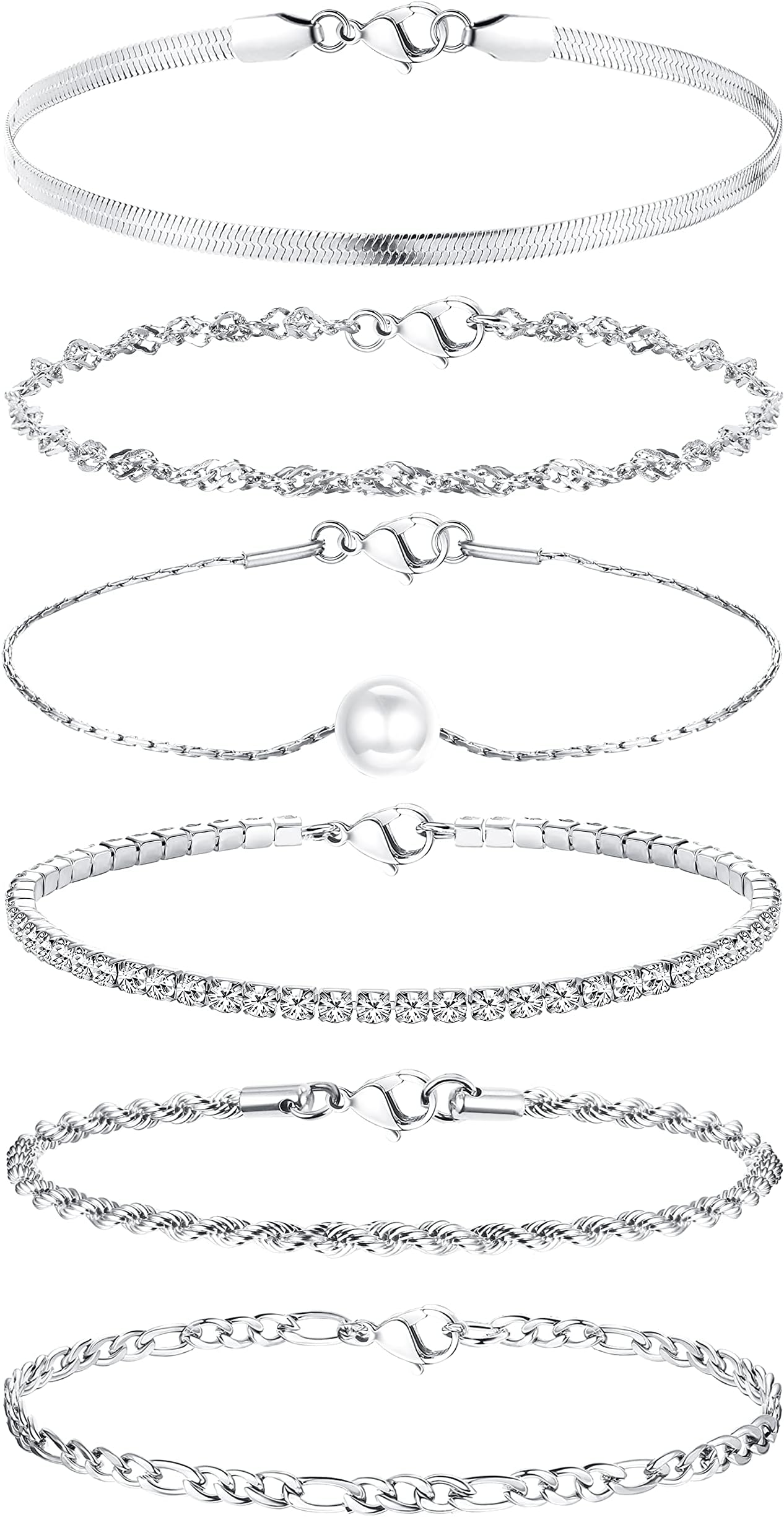 MILACOLATO6Pcs Chain Bracelets Set for Women Adjustable Fashion 18K Gold Plated Dainty Stainless Steel Twist Figaro Herringbone Chain Cubic Zirconia Link Bracelet Jewelry