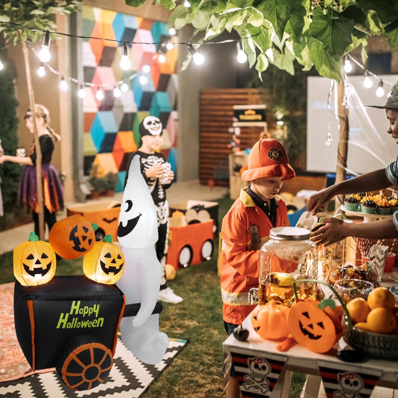 Halloweenowy Nadmuchiwany Wózek z Dyniami o Wysokości 6 Stóp i Wbudowanym światłem LED. Dmuchane Dmuchane Zabawki na imprezę z Okazji Halloween. Dekoracje na Trawniku (Wtyczka UE