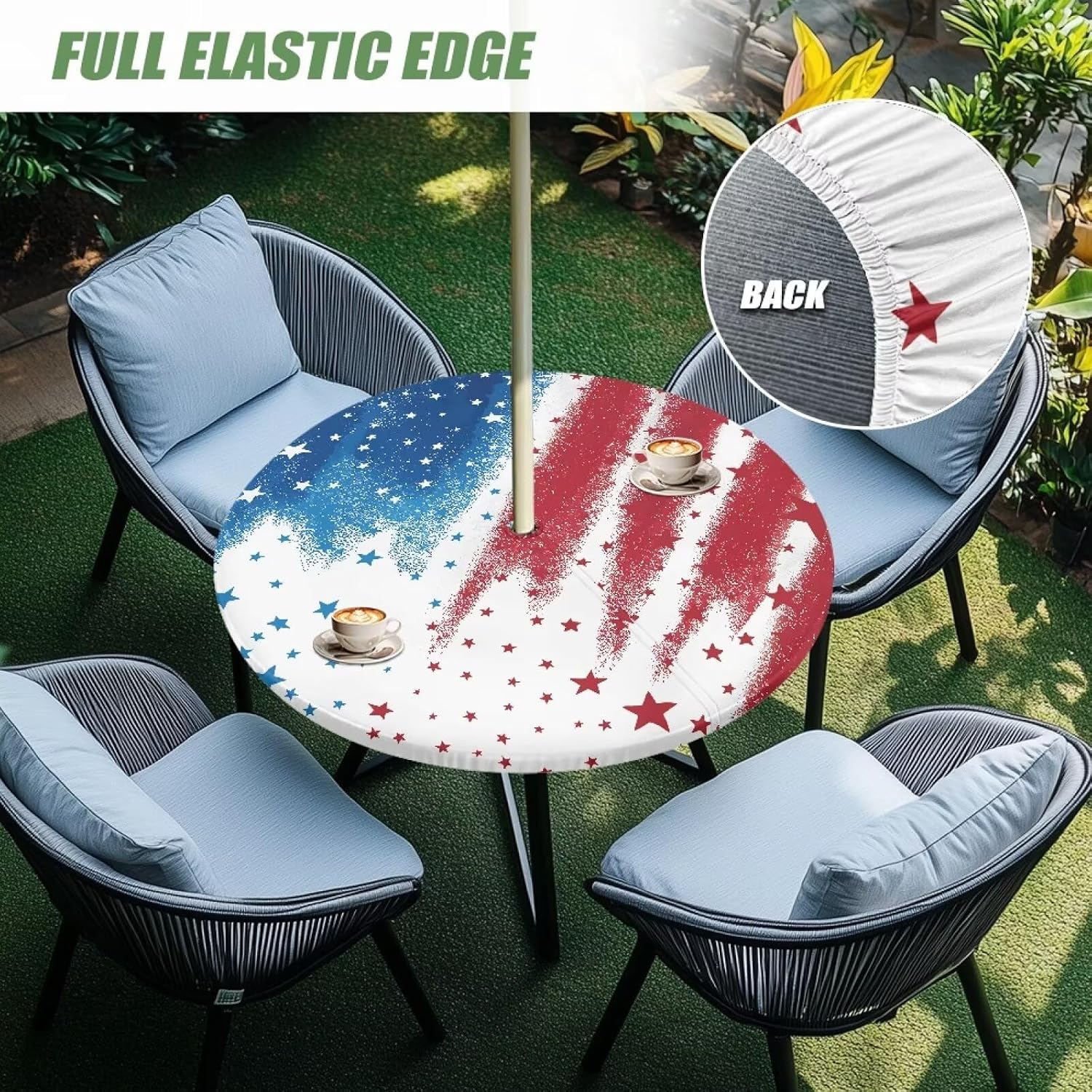 American Flag Style Outdoor Tablecloth Decor Round Fitted Table Cover with Umbrella Hole,Waterproof Elastic Round Table Cover for Patio Party,Picnic,Two Purposes at Once