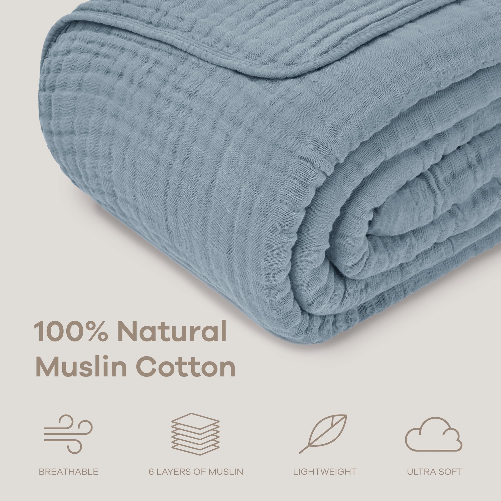 Comfy Cubs Manta de muselina tamaño Queen, extra grande, 228,6 x 228,6 cm, 6 capas, algodón refrescante, suave, transpirable y cálida, manta para dormitorio, sala de estar, sofá (azul Pacífico, tamaño