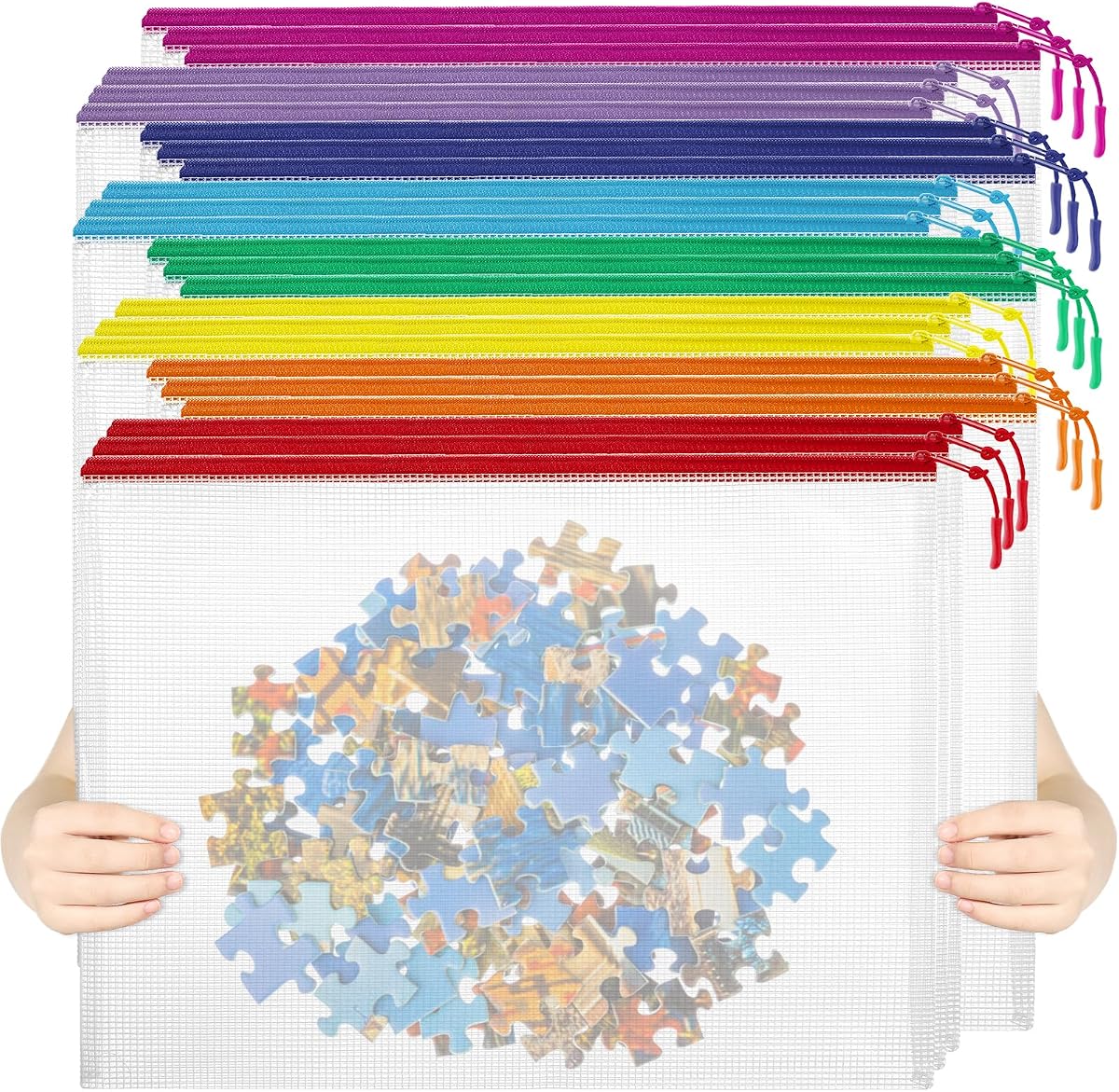 YOPCDJ 24pcs Mesh Zipper Pouch File Bags Puzzle Storage Bags, A3 17x12 Inches Large Reusable Zipper Pouches for Organizing Classroom Board Game Organization