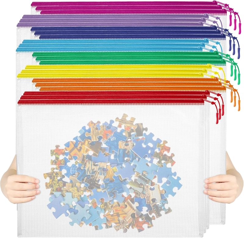 YOPCDJ 24pcs Mesh Zipper Pouch File Bags Puzzle Storage Bags, A3 17x12 Inches Large Reusable Zipper Pouches for Organizing Classroom Board Game Organization
