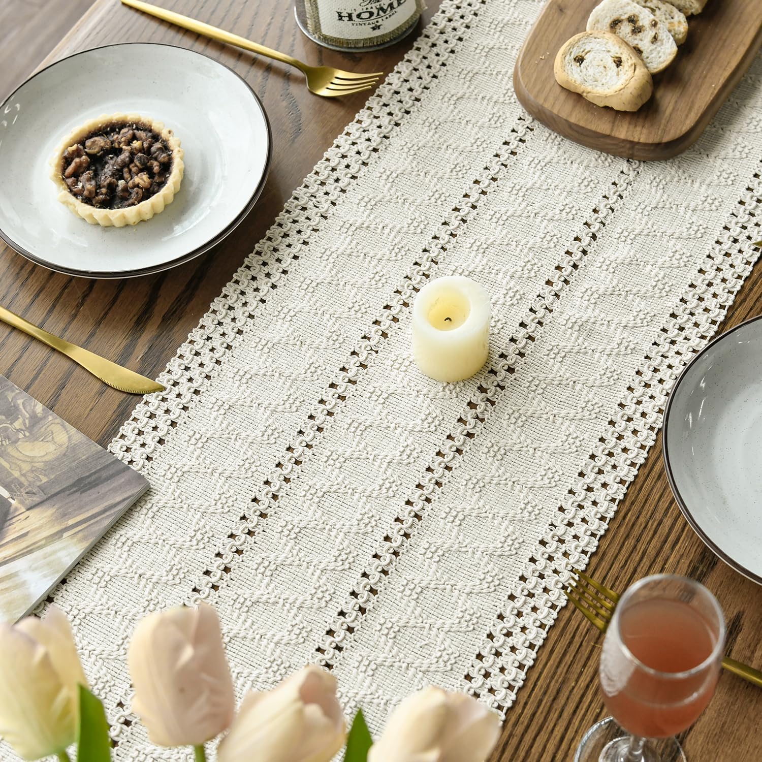 Artoid Mode Beige Woven Farmhouse Hollow Table Runner 12x90 Inch | Holiday Rustic Kitchen Dining Dresser Coffee Table Decoration for Home Party Decor, Macrame Cotton Blend